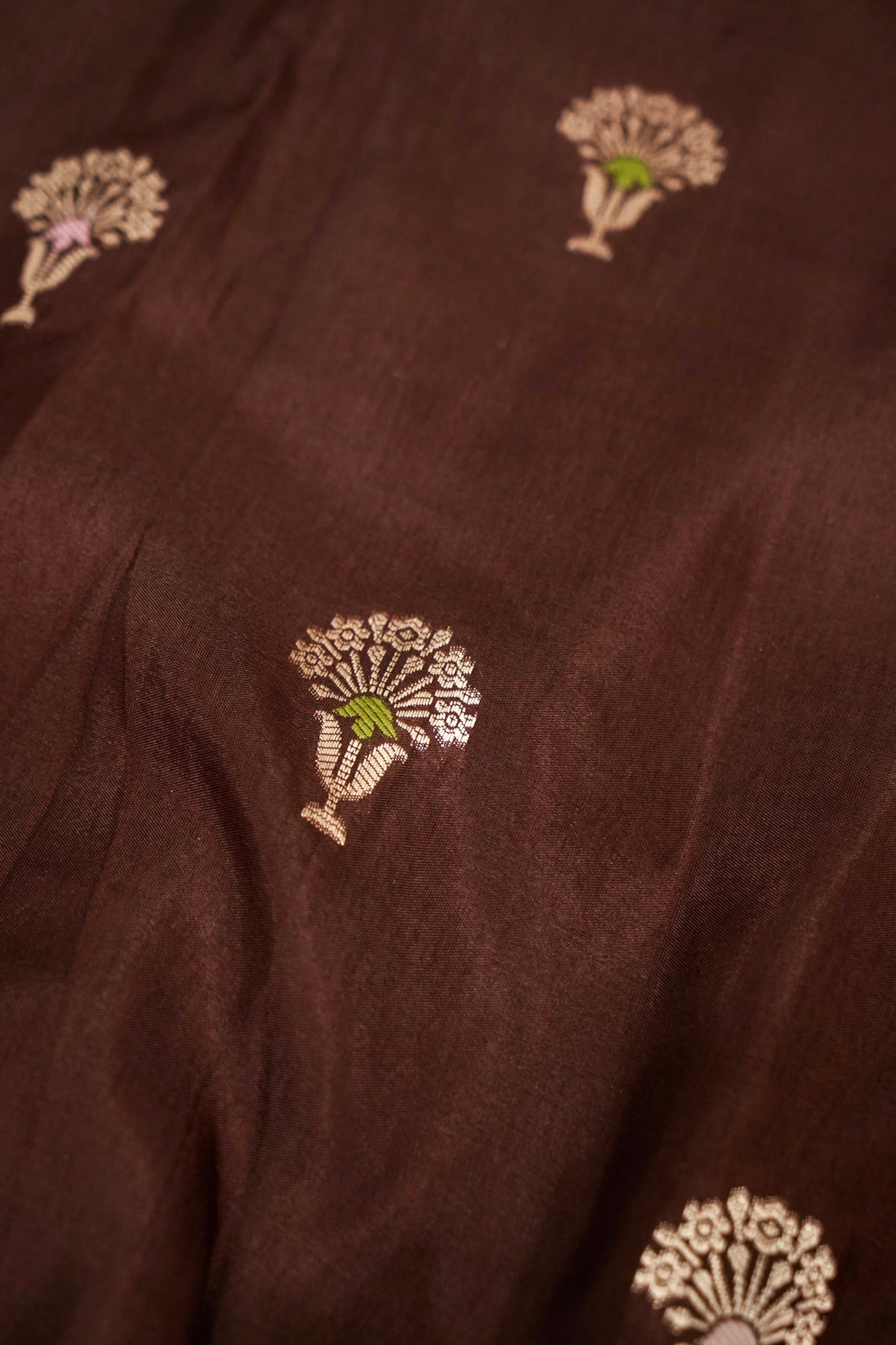 Dark Chocolate Brown Dupion Silk Saree with Blush Pink Floral Zari Border