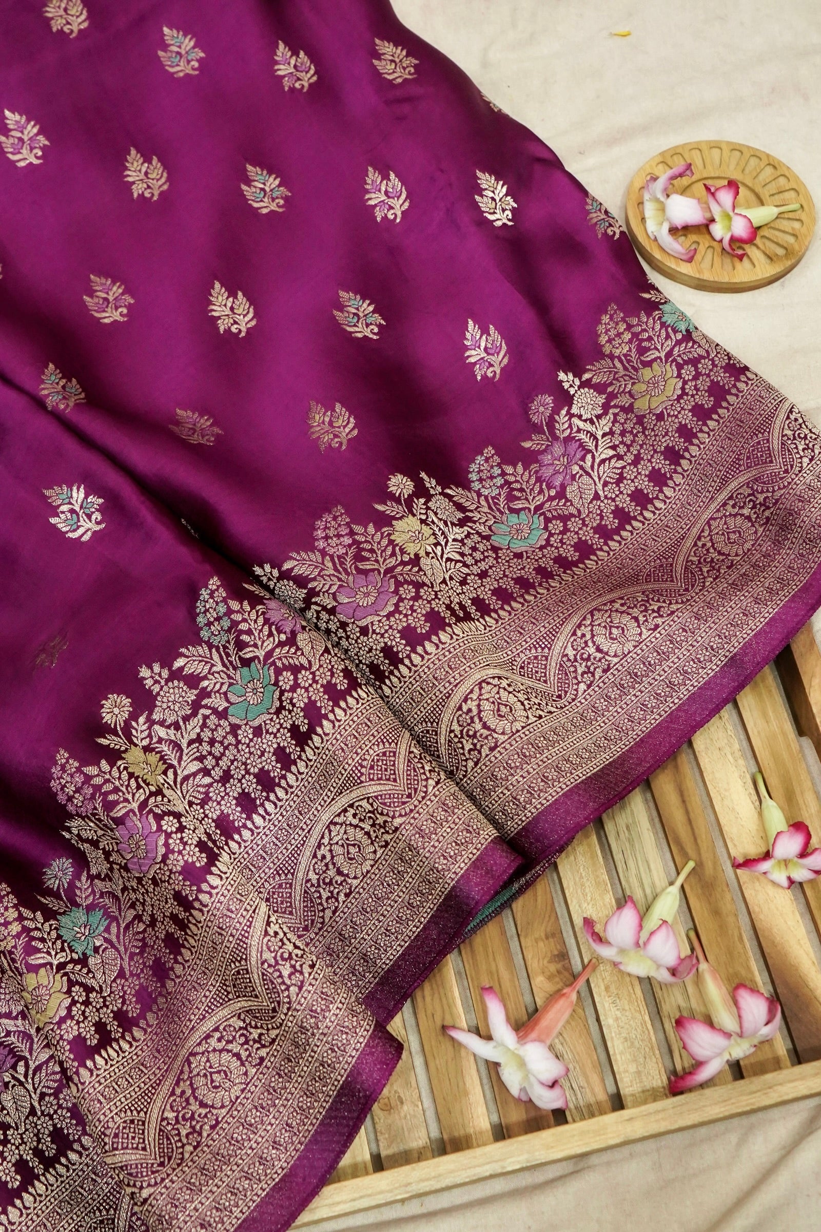 Berry Purple Mashru Silk Saree with Champagne Floral Zari Border