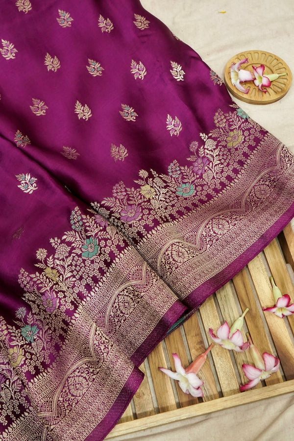Berry Purple Mashru Silk Saree with Champagne Floral Zari Border