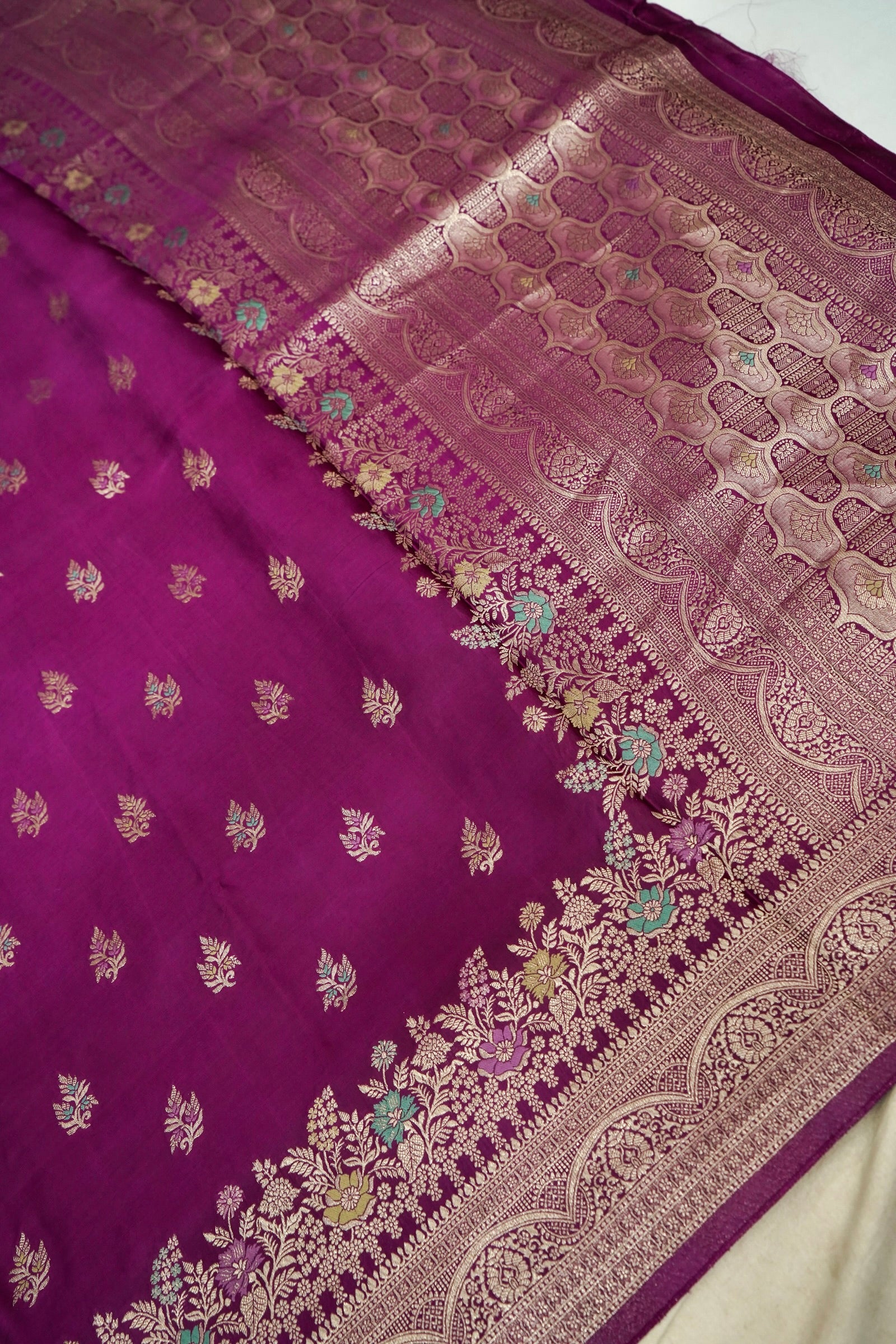 Berry Purple Mashru Silk Saree with Champagne Floral Zari Border