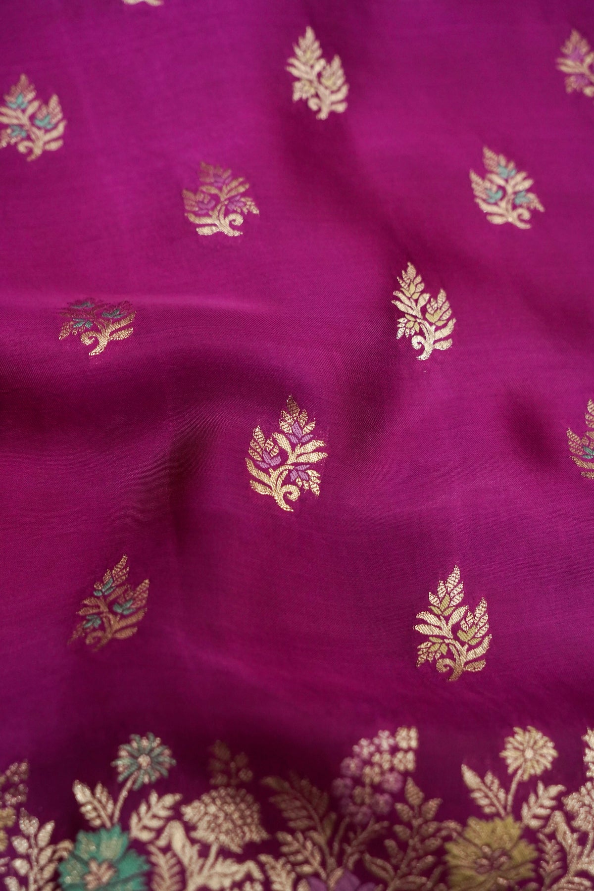 Berry Purple Mashru Silk Saree with Champagne Floral Zari Border