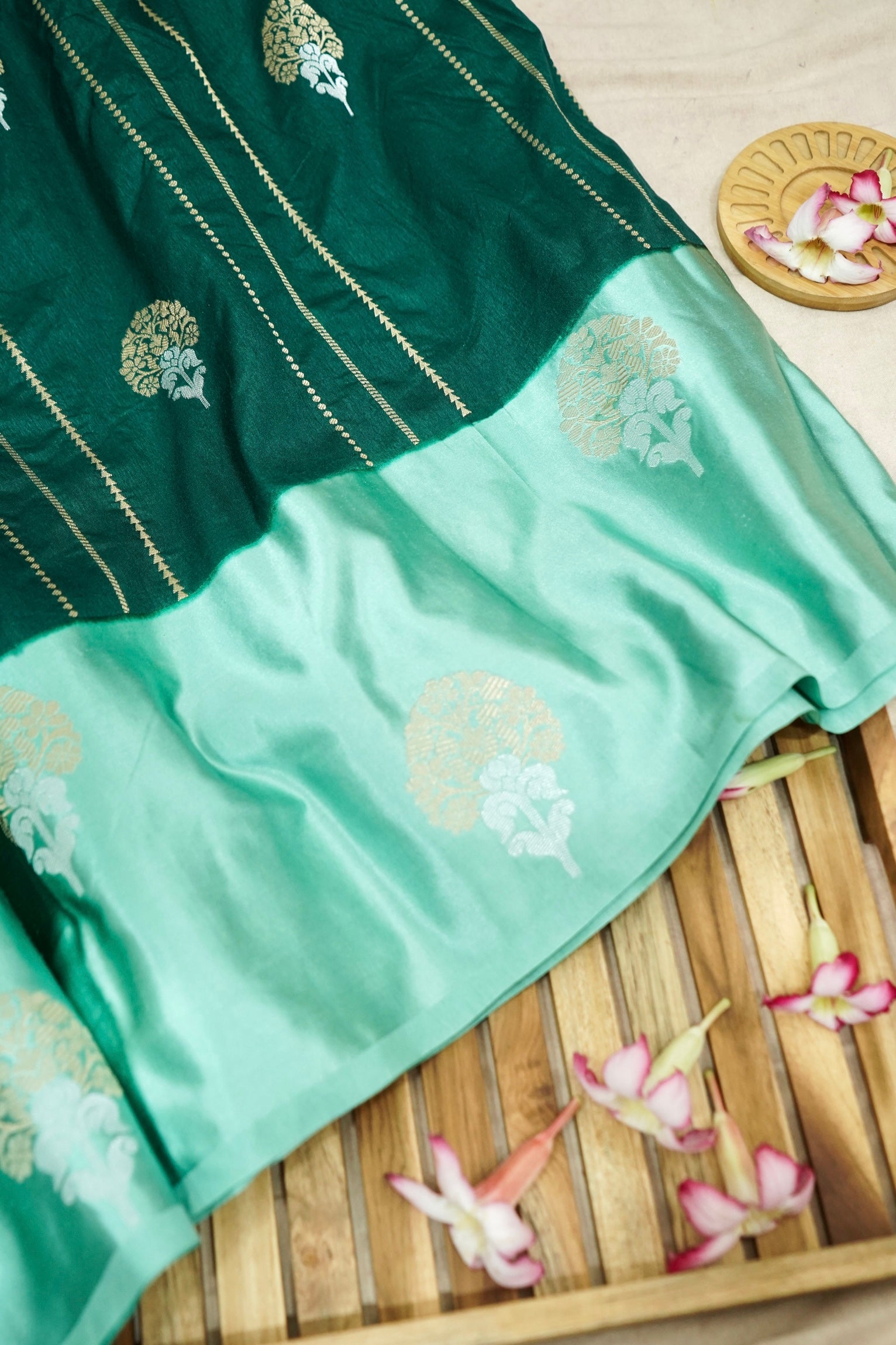Dual Tone Emerald Green & Mint Dola Silk Saree