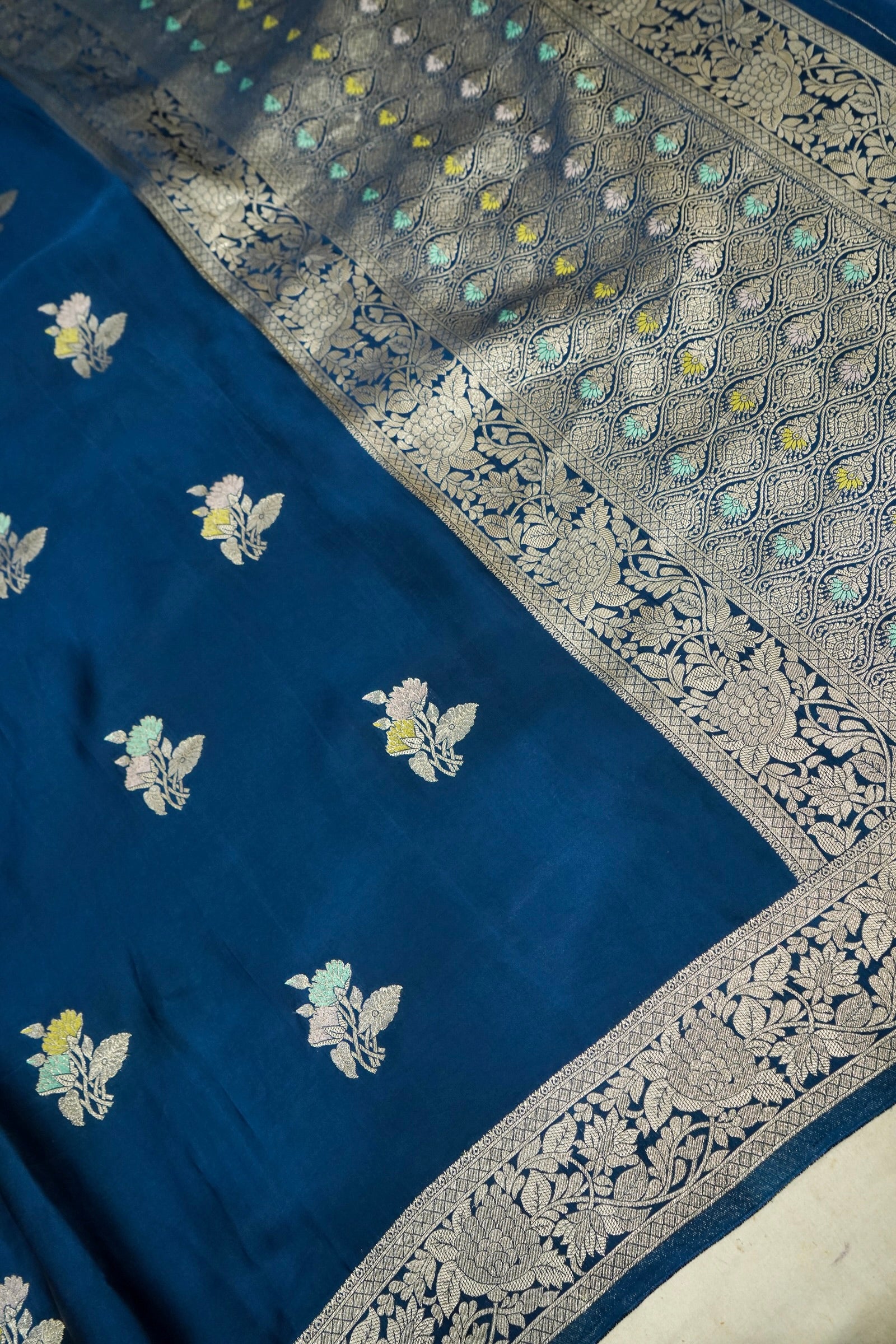 Deep Cobalt Blue Mashru Silk Saree with Champagne Gold Border