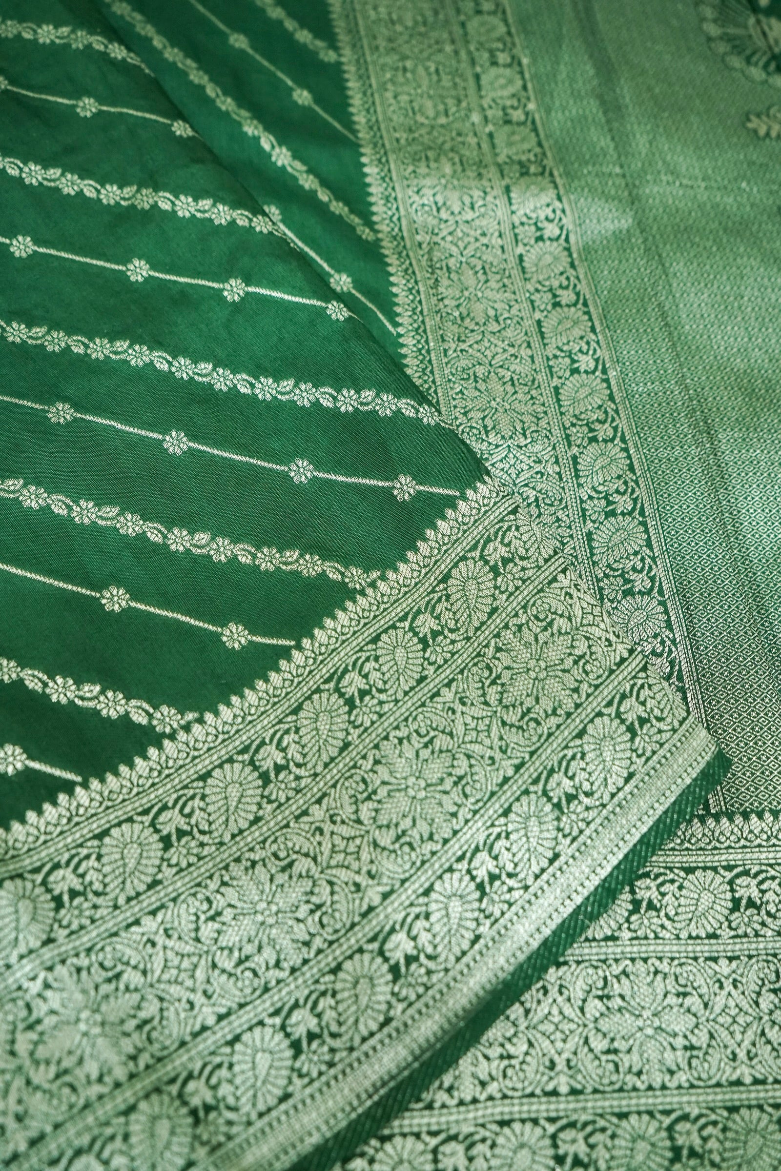 Emerald Green Dupion Silk Saree with Intricate Silver Zari Border