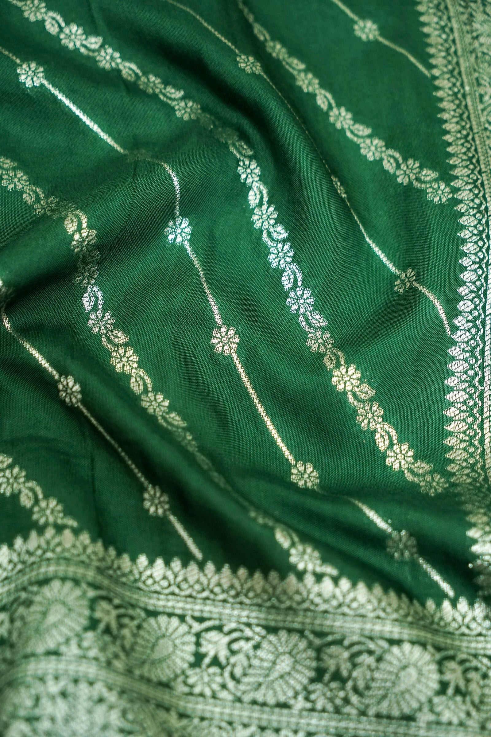 Emerald Green Dupion Silk Saree with Intricate Silver Zari Border