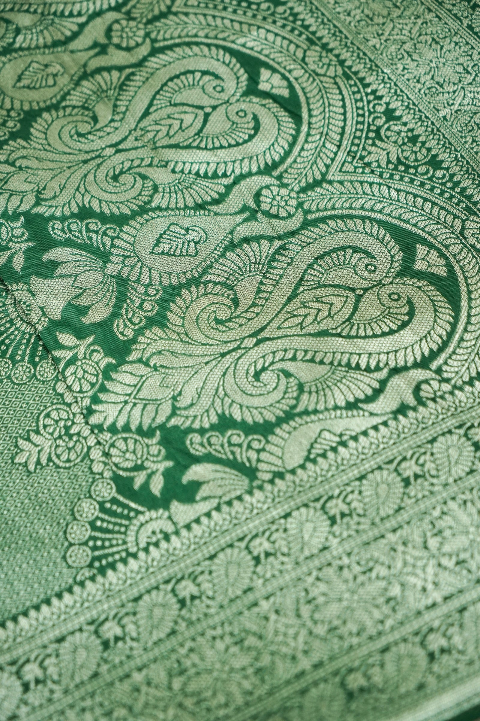 Emerald Green Dupion Silk Saree with Intricate Silver Zari Border