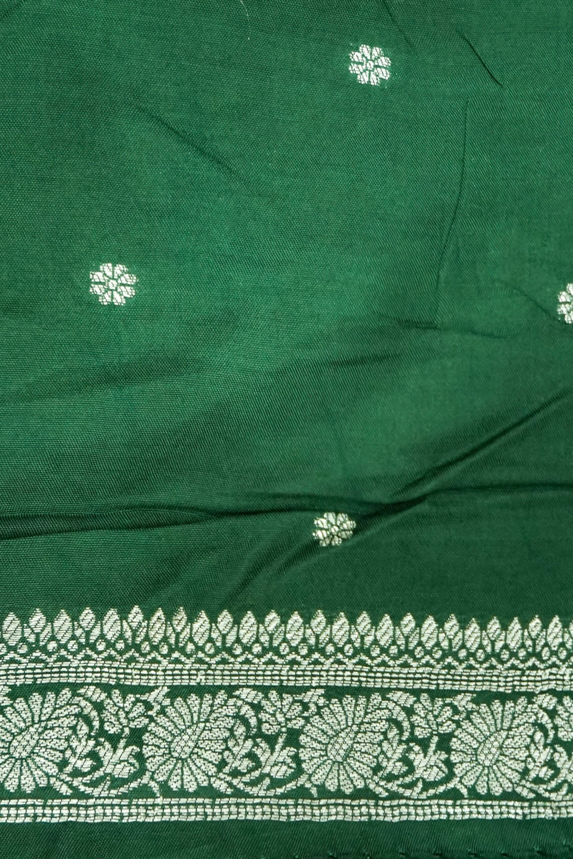 Emerald Green Dupion Silk Saree with Intricate Silver Zari Border