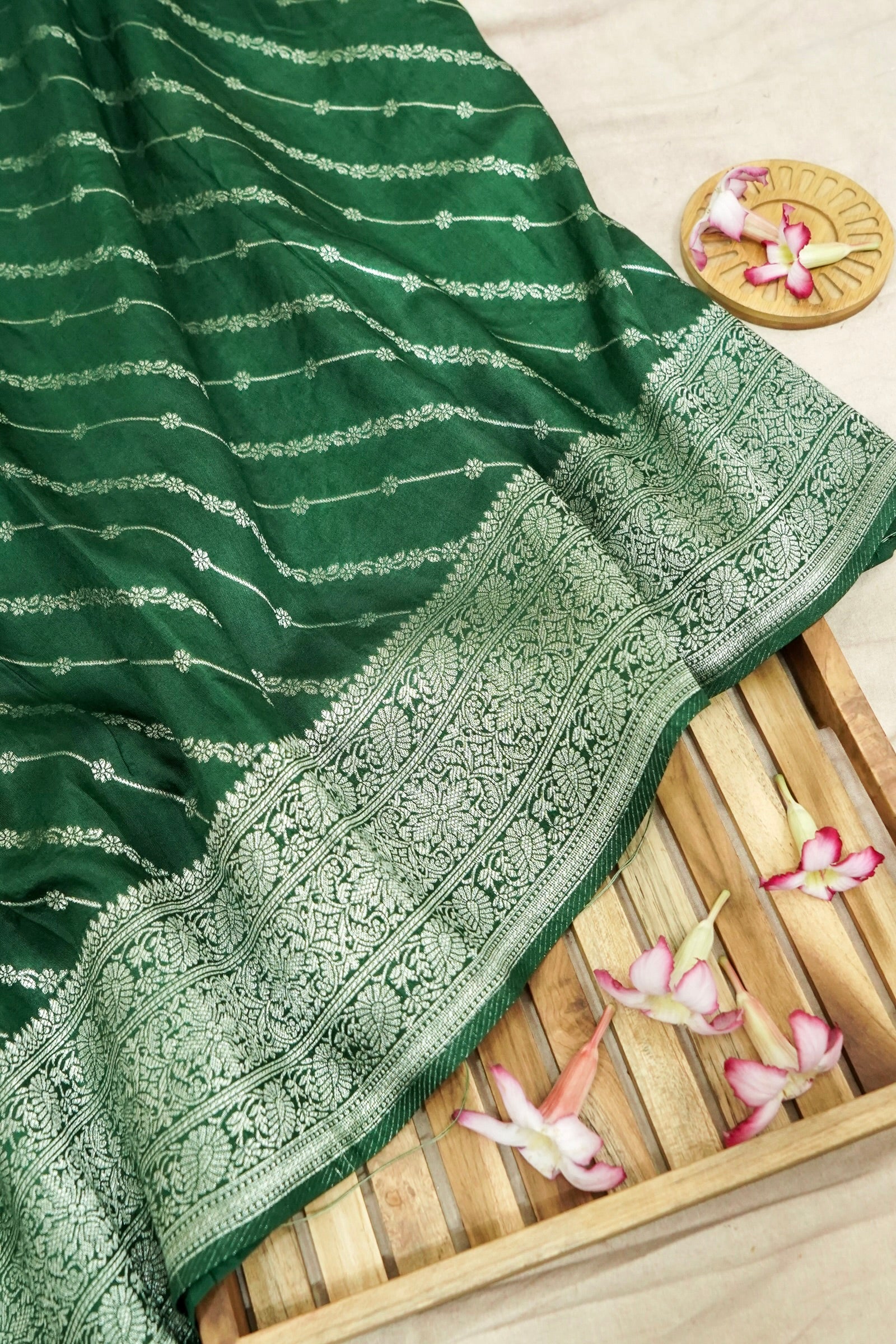 Emerald Green Dupion Silk Saree with Intricate Silver Zari Border