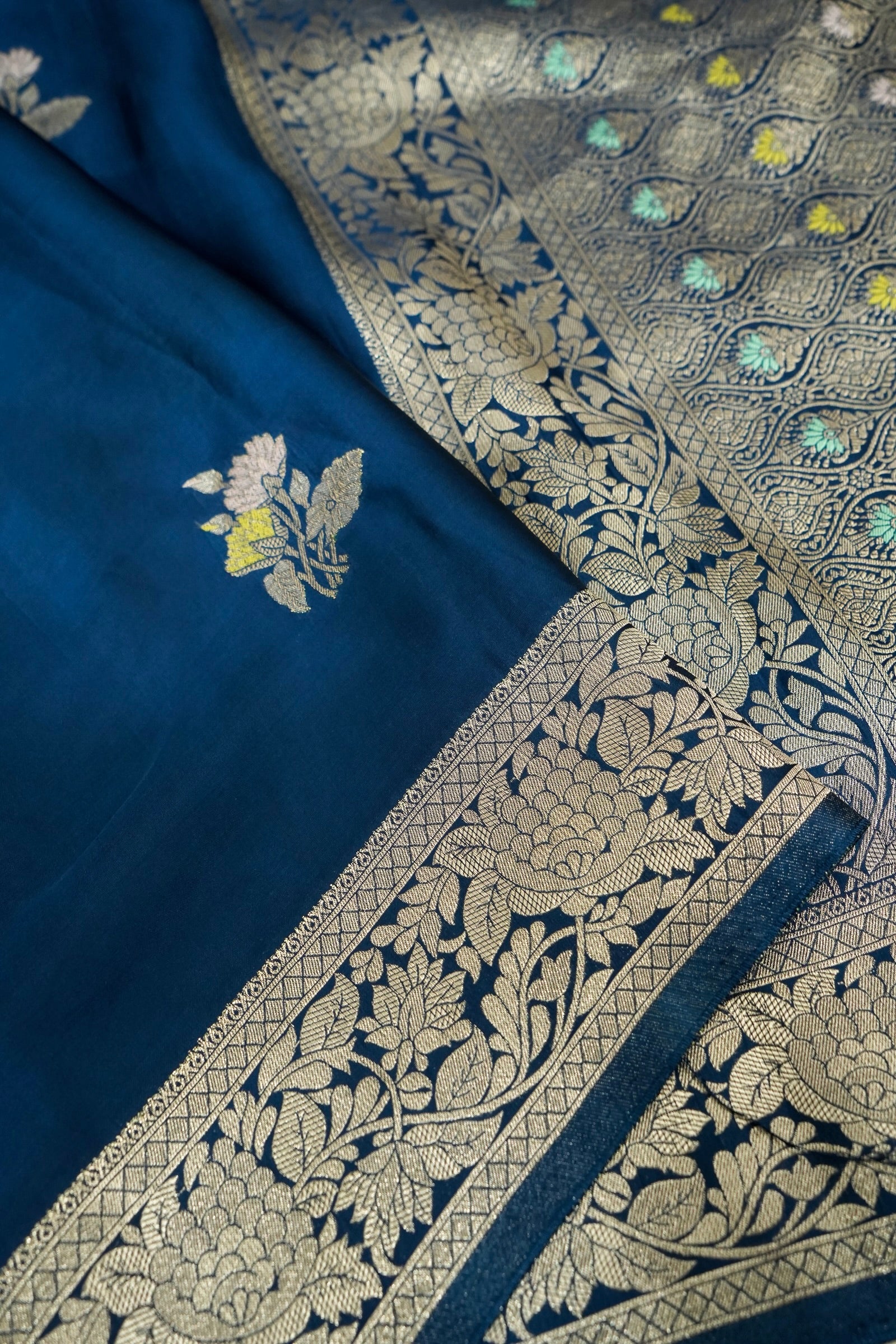 Deep Cobalt Blue Mashru Silk Saree with Champagne Gold Border