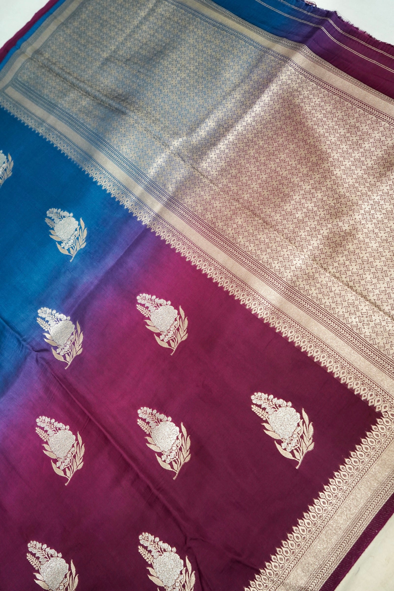 Dual Tone Cobalt Blue and Wine Pure Mashru Silk Saree
