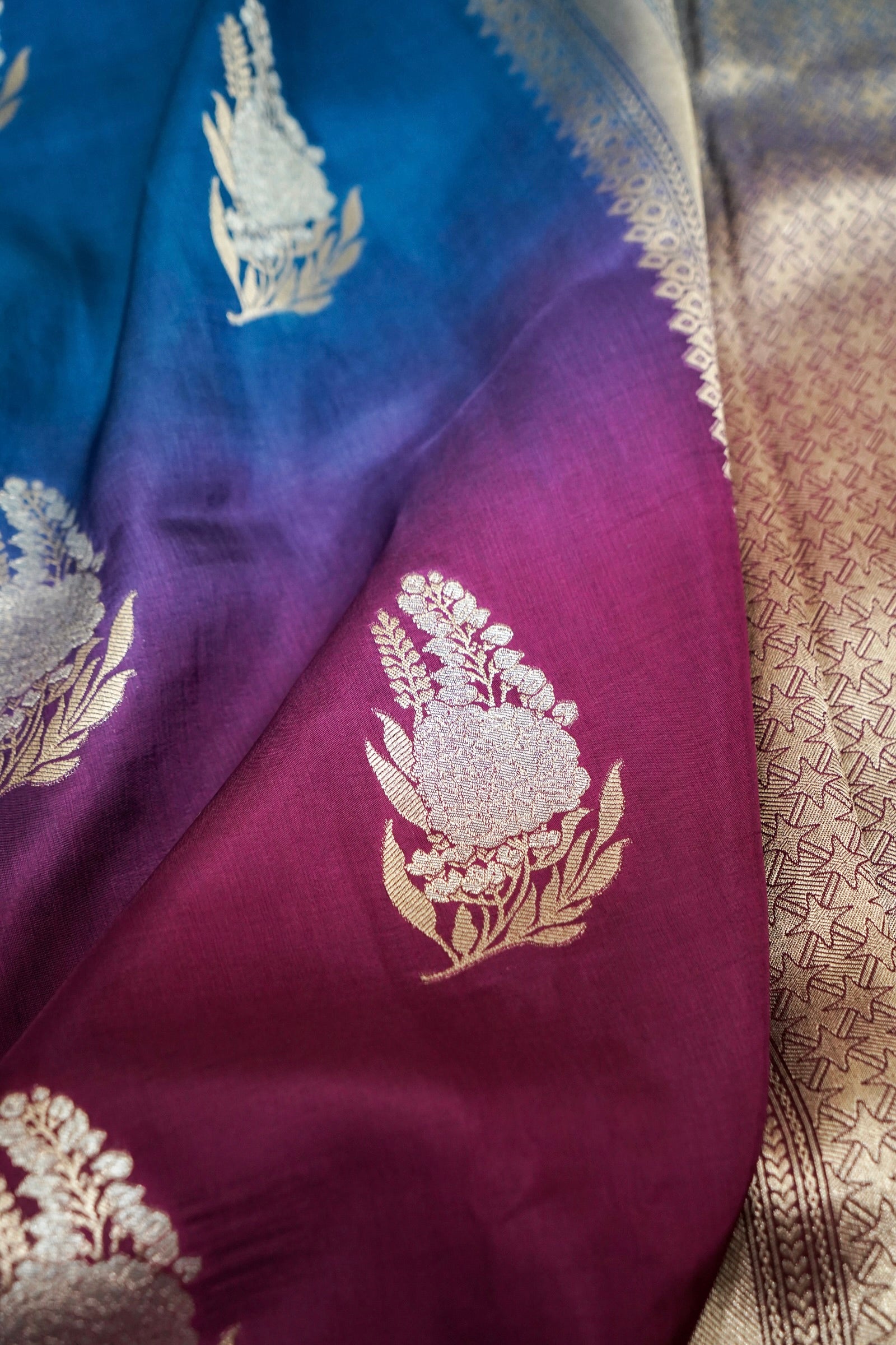 Dual Tone Cobalt Blue and Wine Pure Mashru Silk Saree