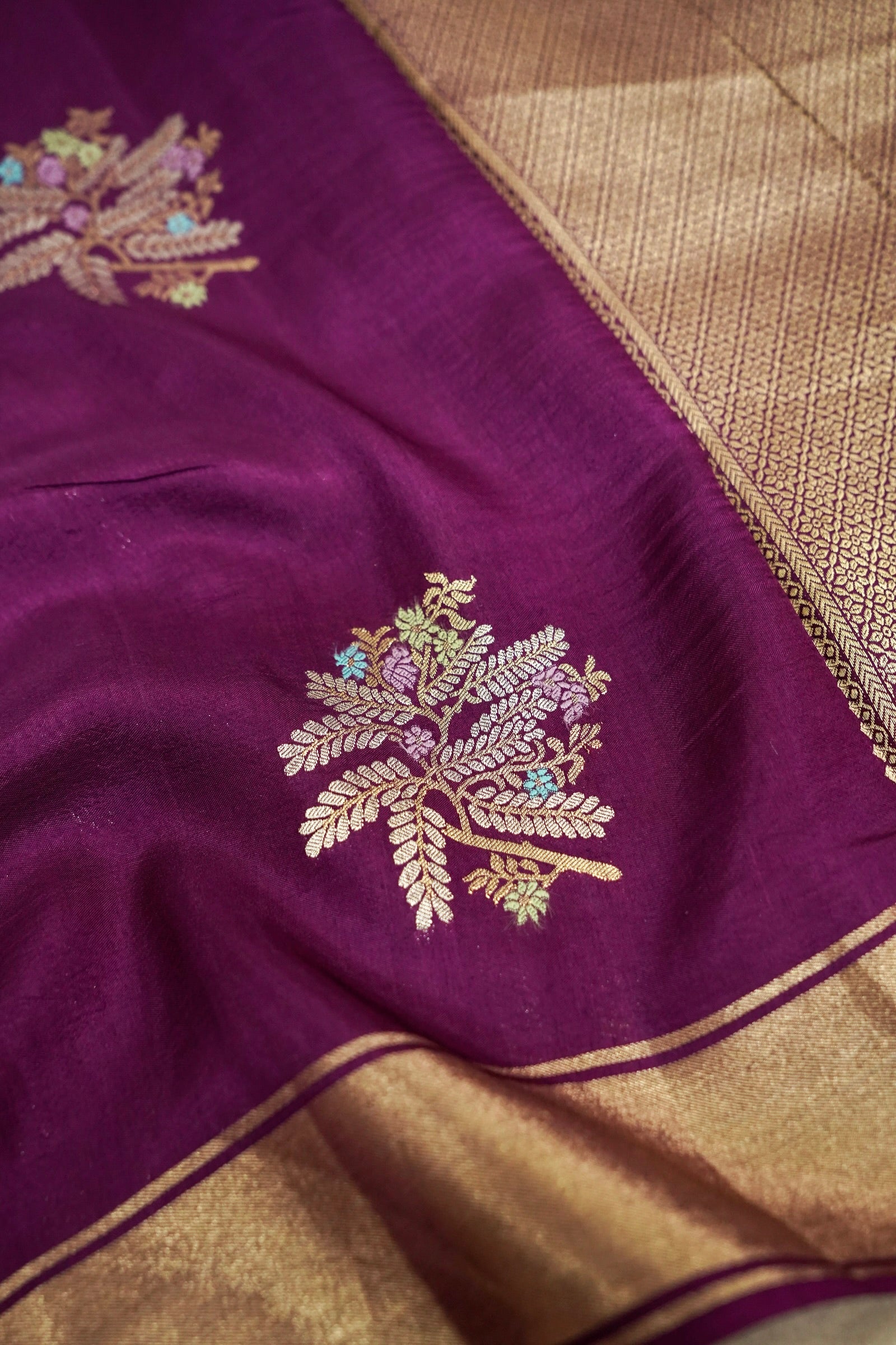 Royal Plum Purple Dola Silk Banarasi Saree with Champagne Gold Zari