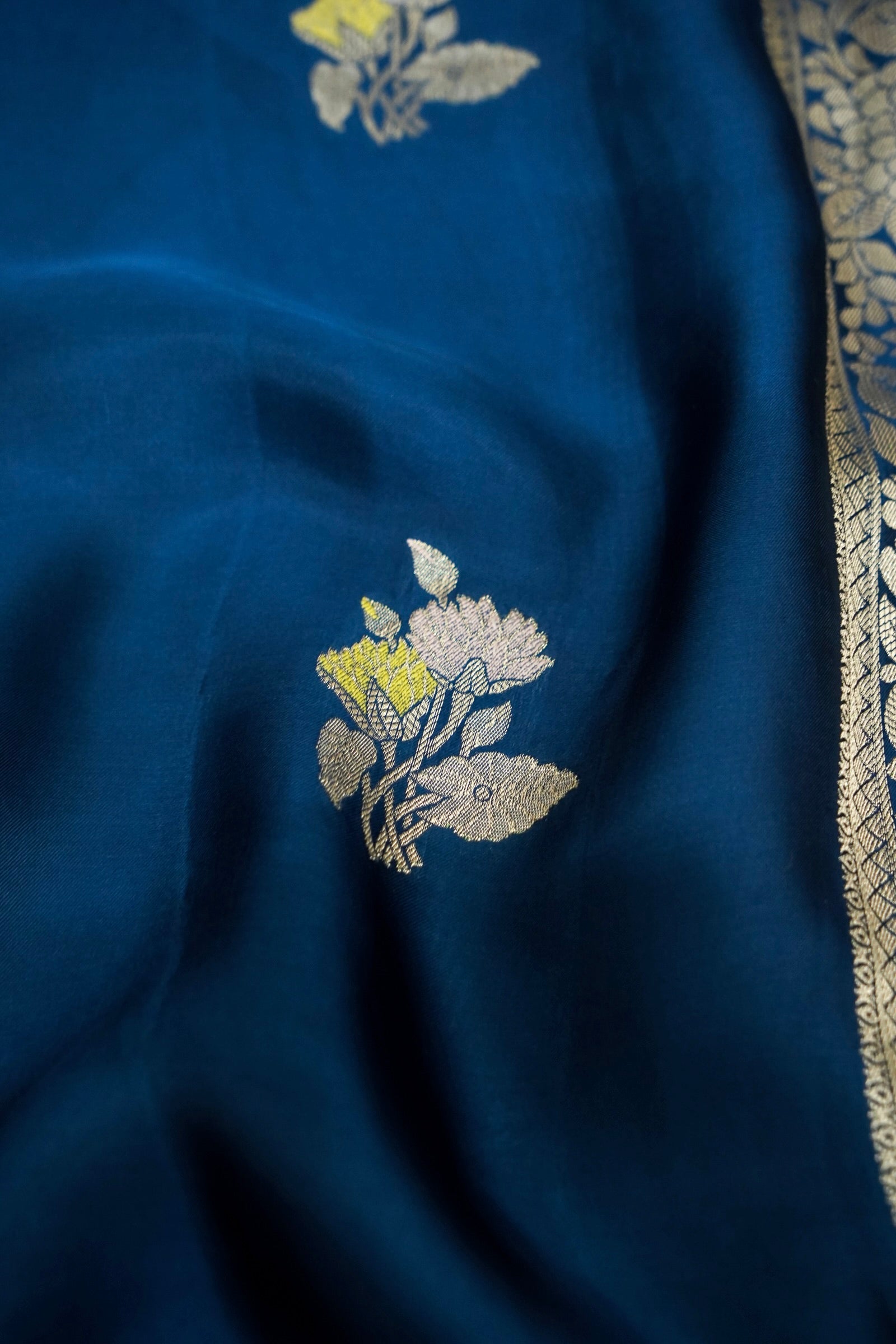 Deep Cobalt Blue Mashru Silk Saree with Champagne Gold Border