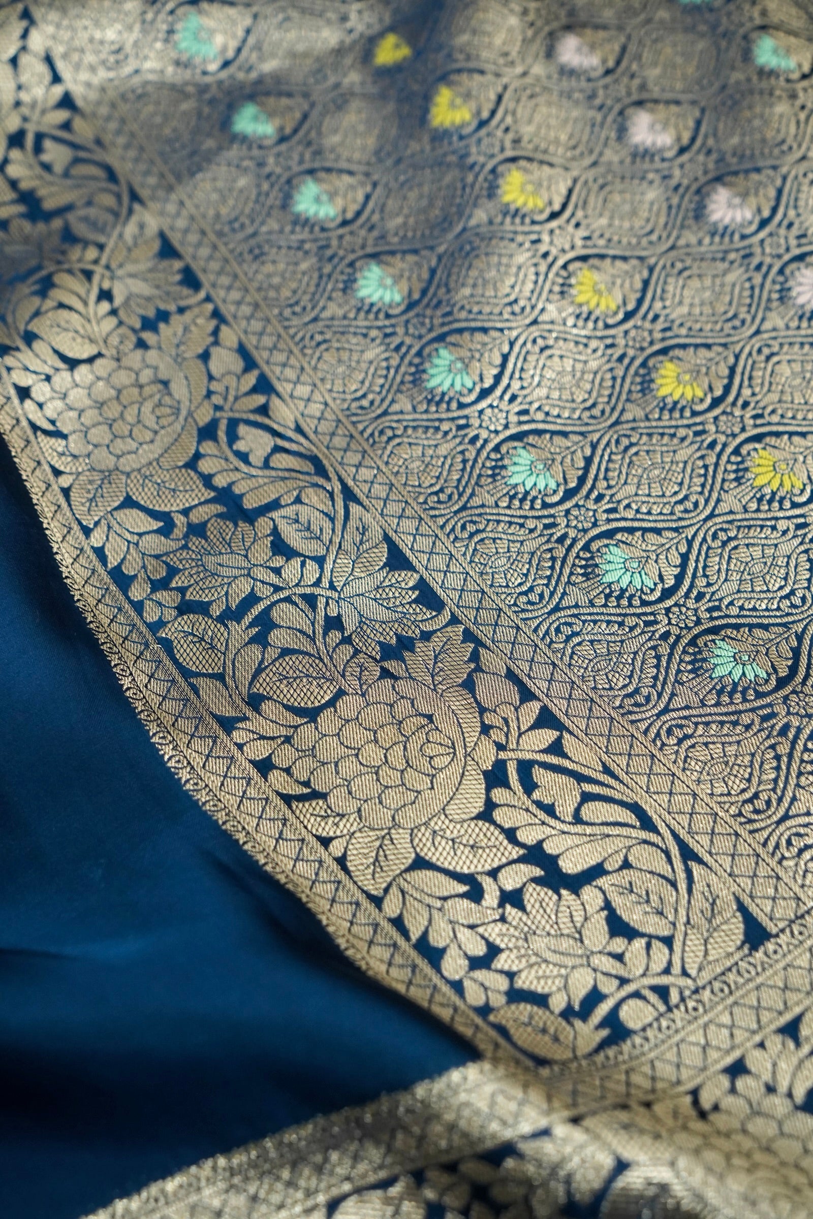 Deep Cobalt Blue Mashru Silk Saree with Champagne Gold Border