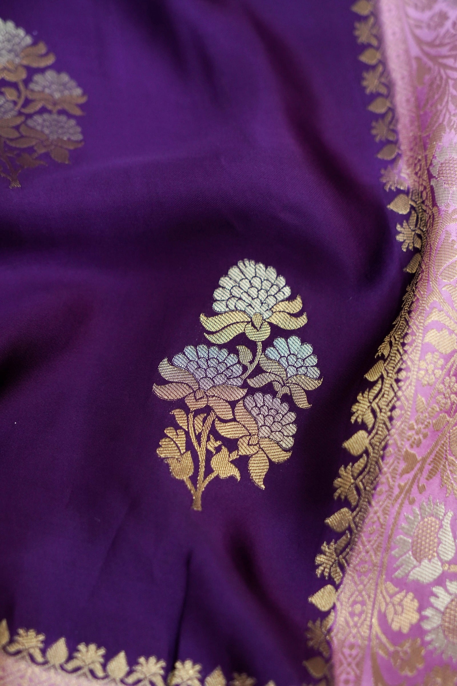 Royal Purple & Lilac Pink Mashru Silk Banarasi Saree