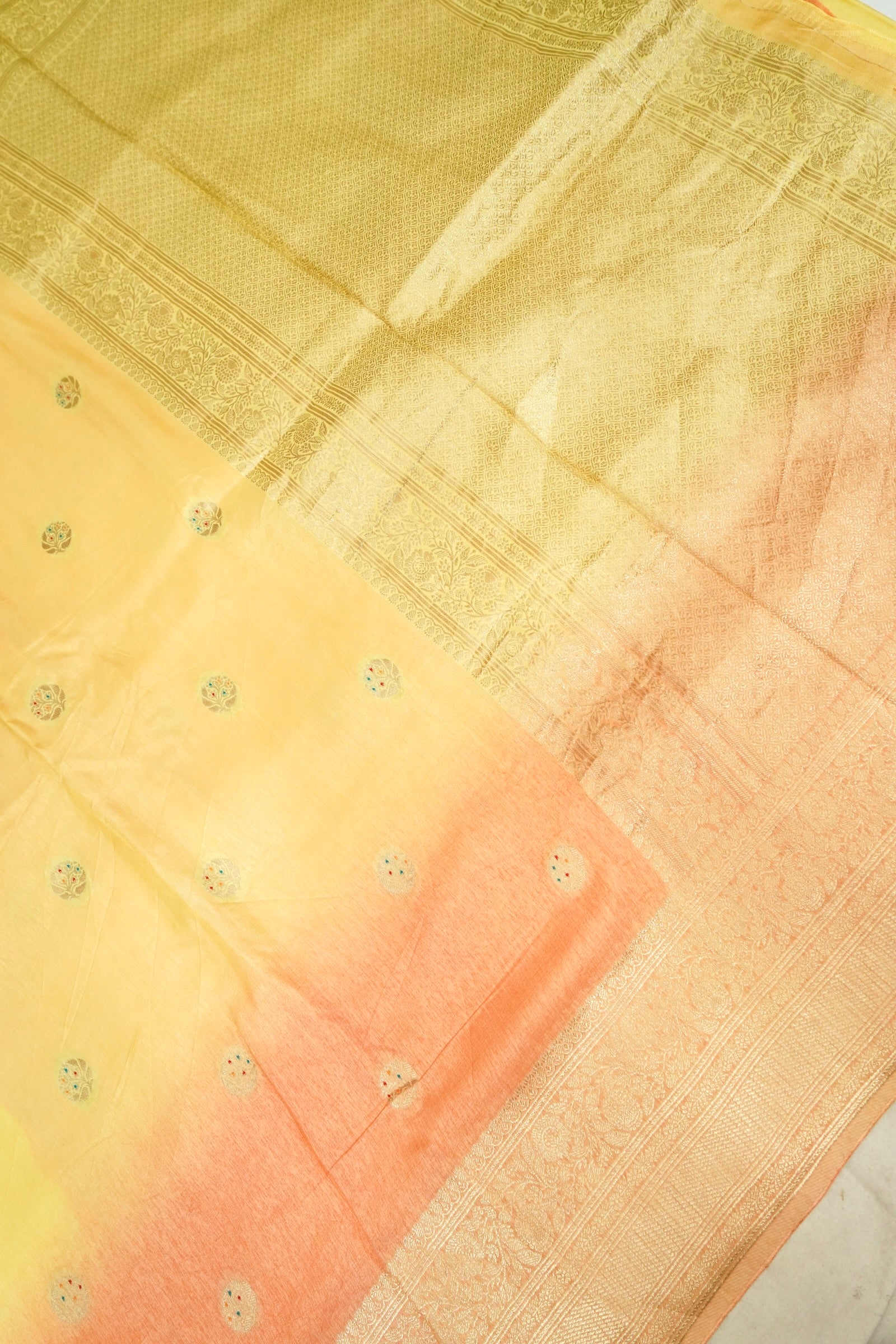 Dual Tone Lemon Yellow Peach Dupion Silk Banarasi Saree