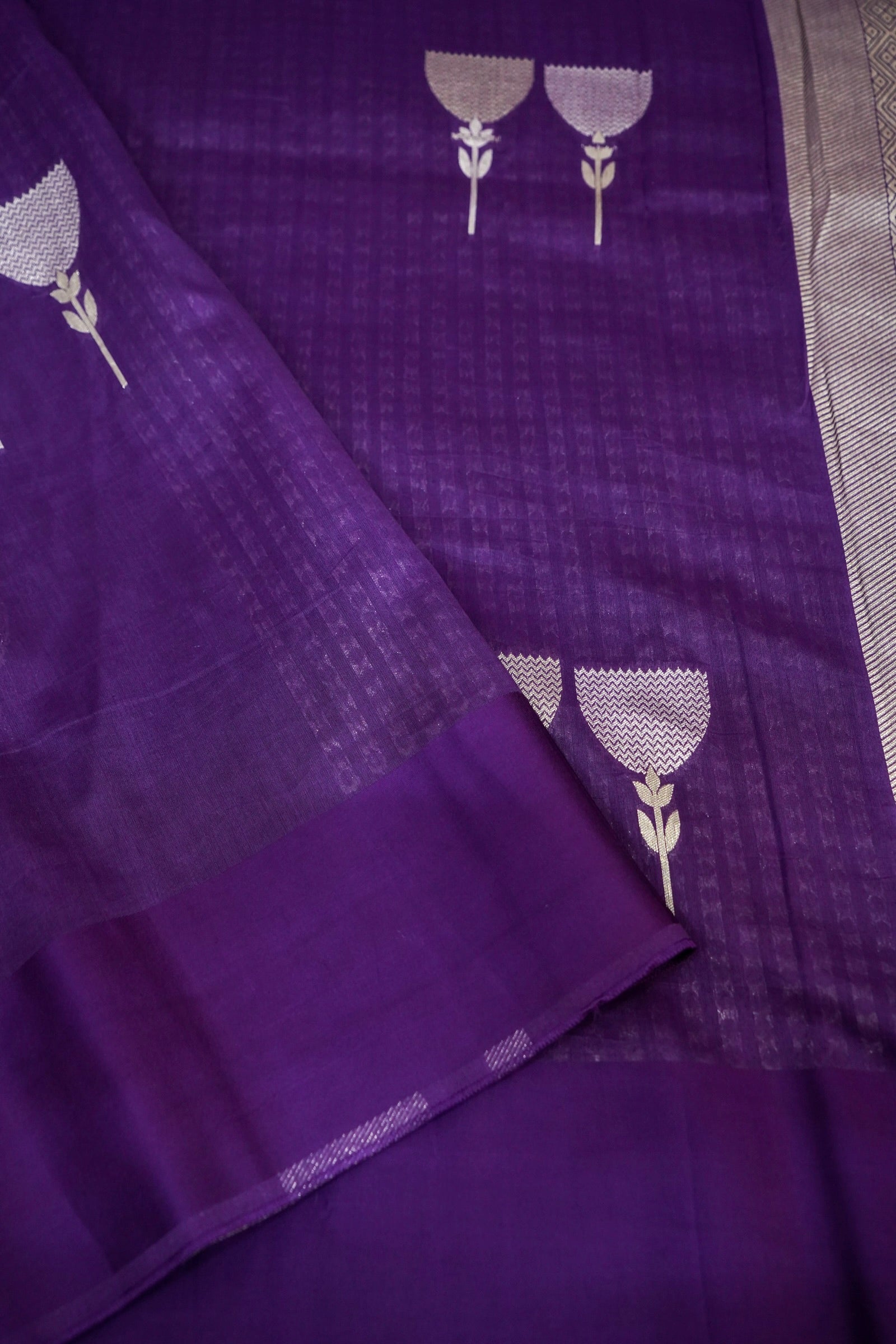 Royal Violet Mul Cotton Banarasi Saree with Silver Zari