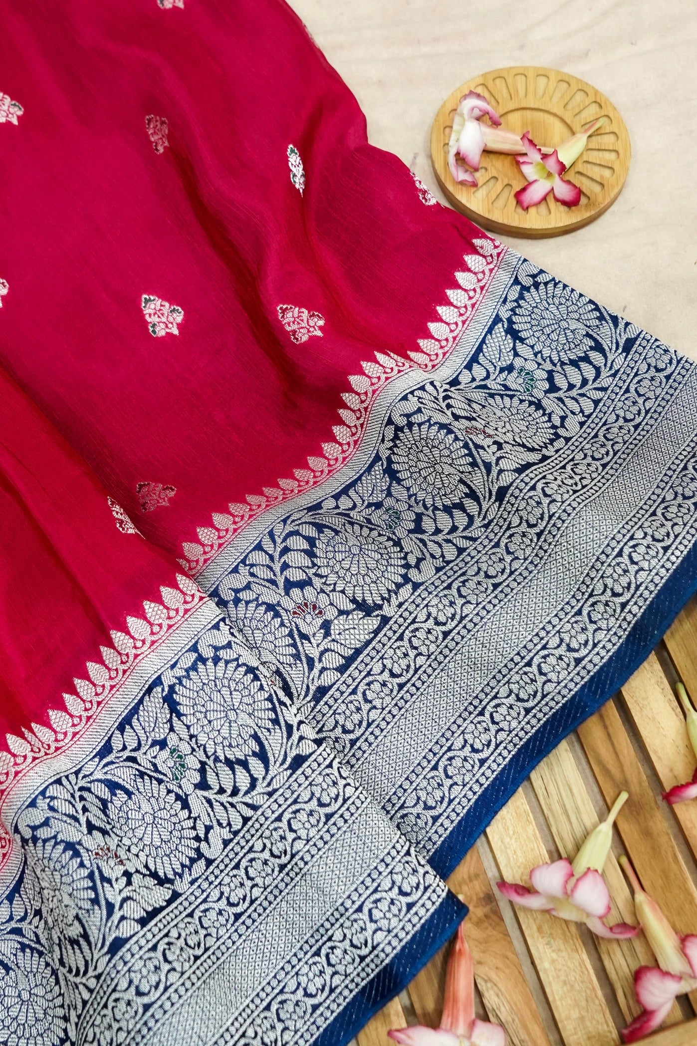 Hot Pink & Royal Navy Blue Dupion Silk Banarasi Saree