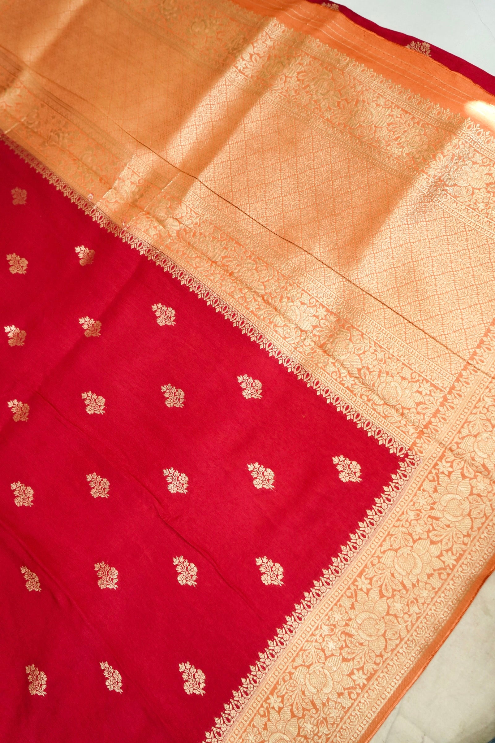 Hot Ruby Red Dola Silk Saree Peach-Gold Zari Border