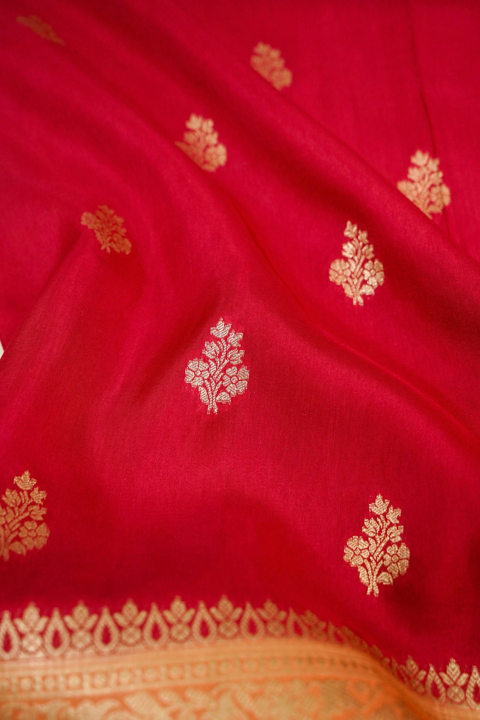 Hot Ruby Red Dola Silk Saree Peach-Gold Zari Border