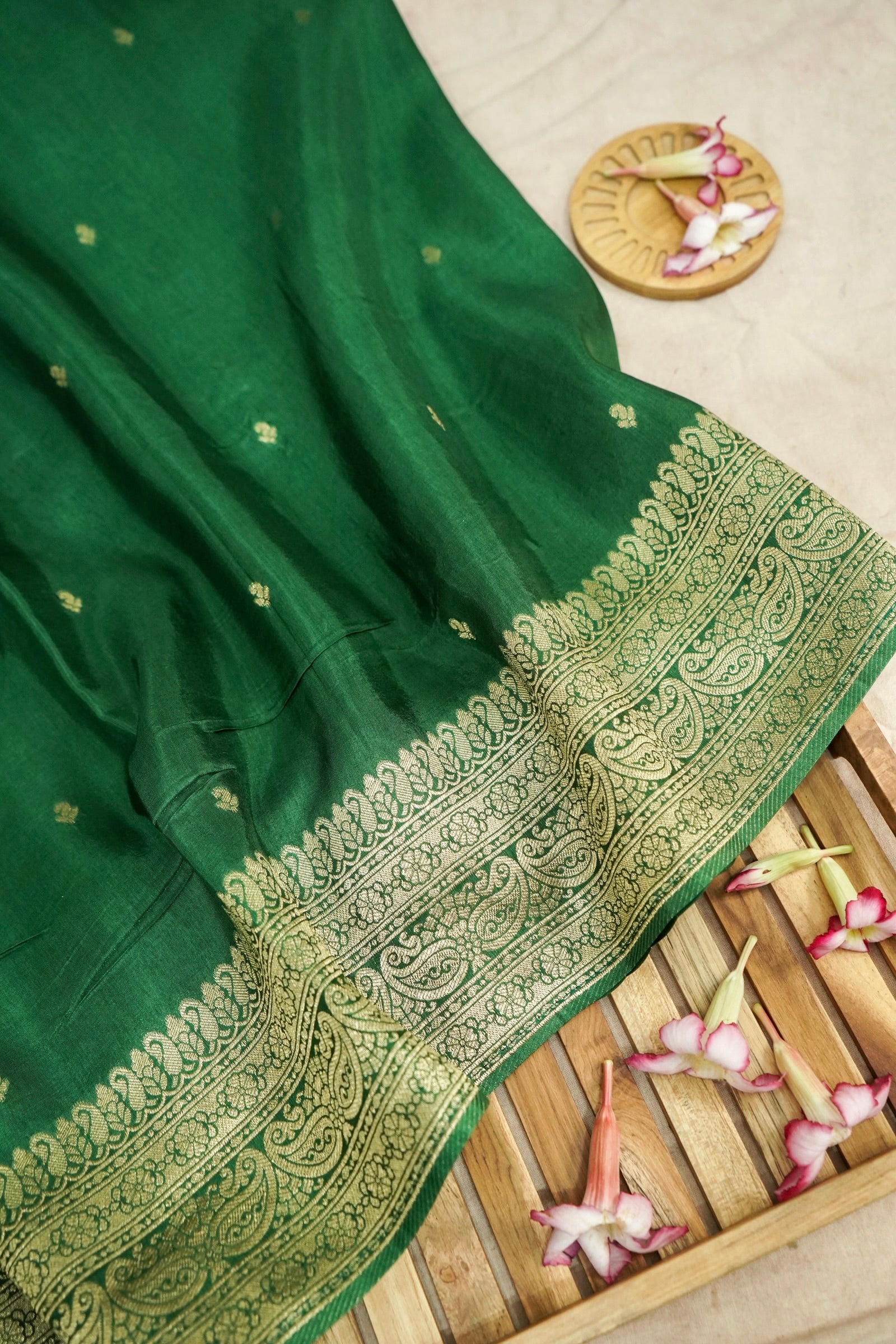 Emerald Green Dupion Silk Saree with Gold Zari Border