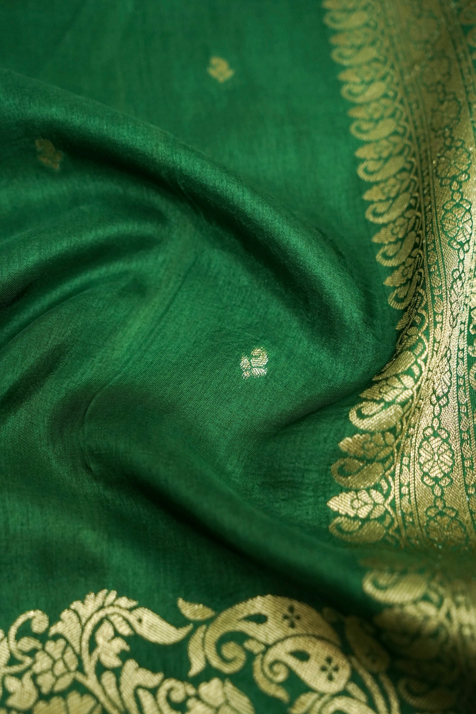 Emerald Green Dupion Silk Saree with Gold Zari Border