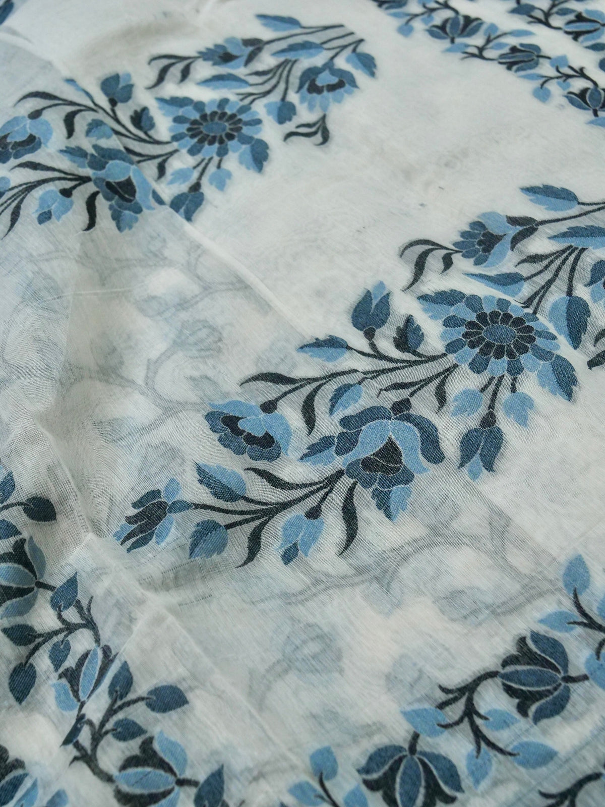 Ivory Jamdhani Style Saree with Slate Blue and Charcoal Grey Woven Motifs
