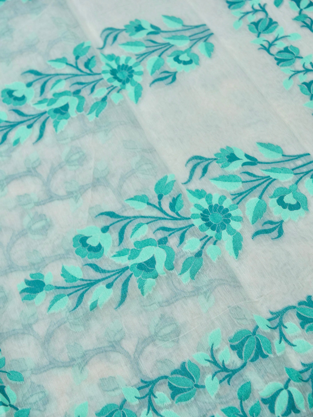 Ivory Jamdhani Style Saree with Turquoise and Blue Woven Motifs