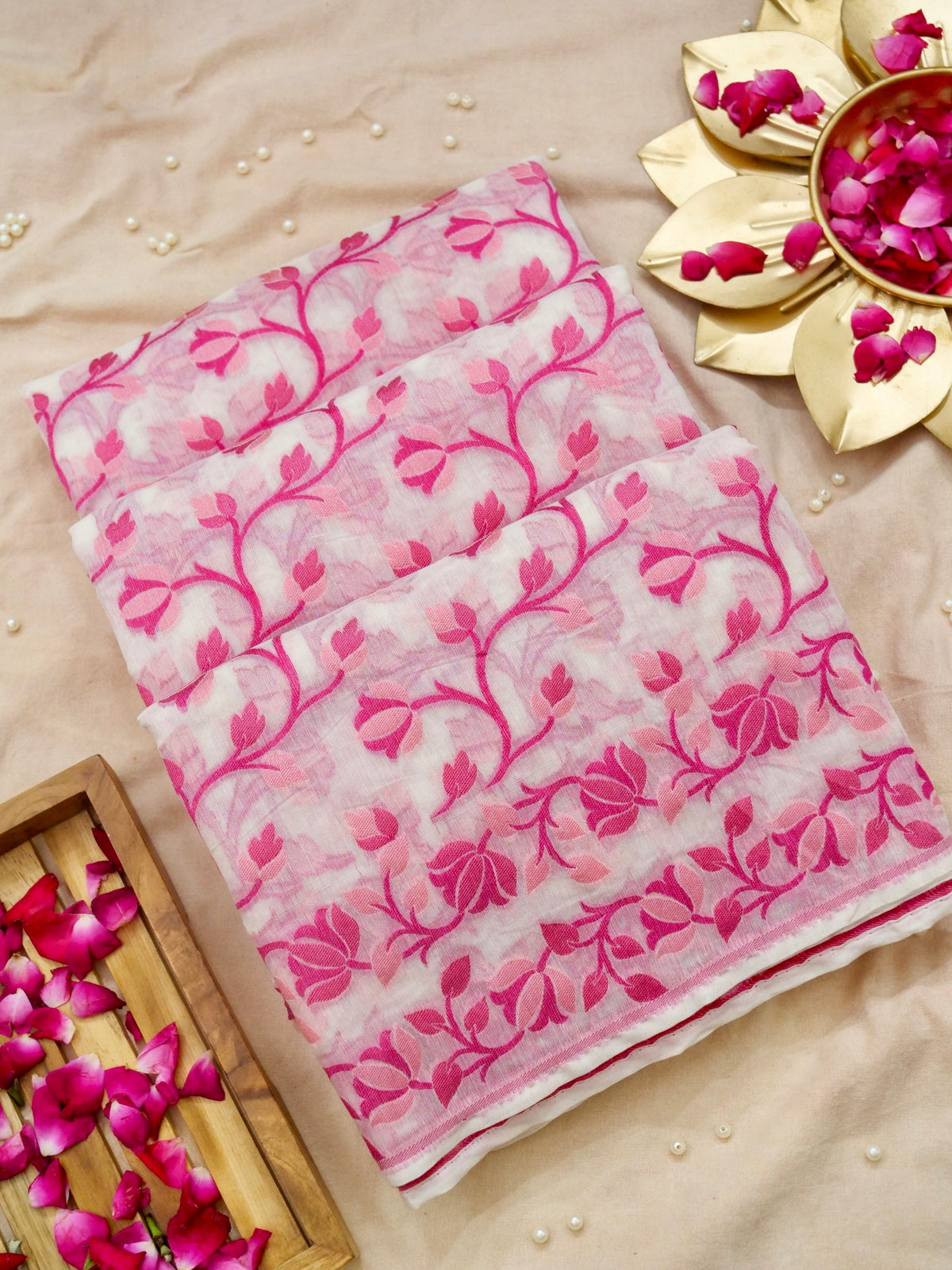 Ivory Jamdhani Style Saree with Pink and Magenta Woven Motifs