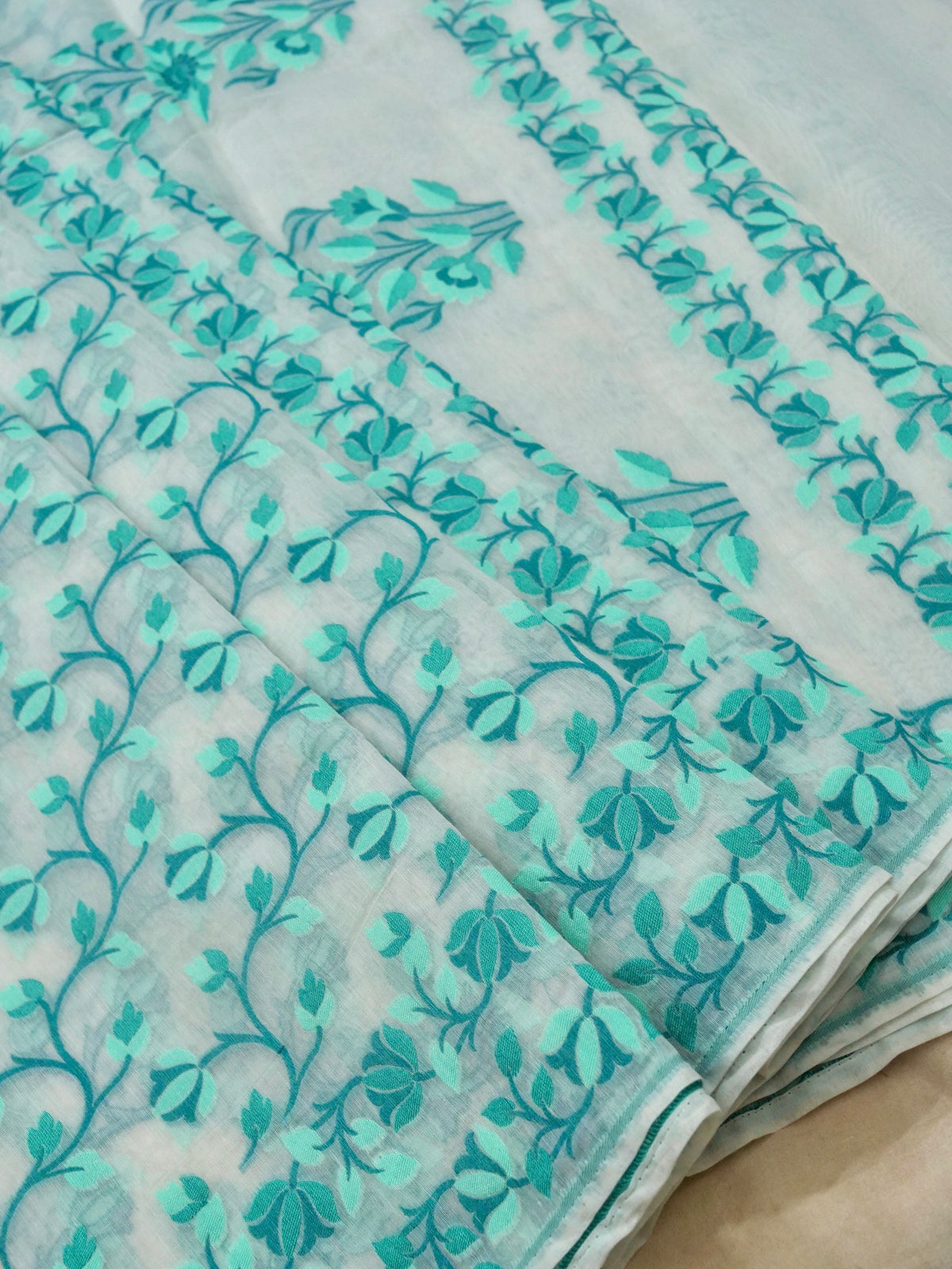 Ivory Jamdhani Style Saree with Turquoise and Blue Woven Motifs