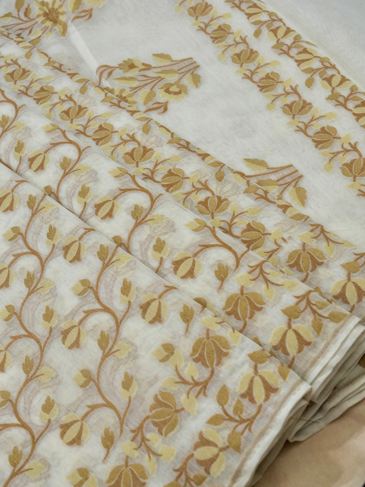 Ivory Jamdhani Style Saree with Mustard Gold Woven Motifs