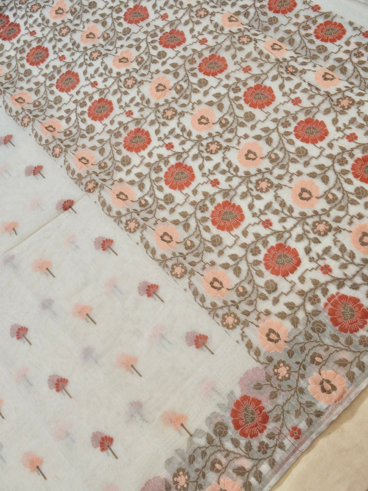 Off-White Jamdhani-Style Saree with Multicolor Woven Floral Border