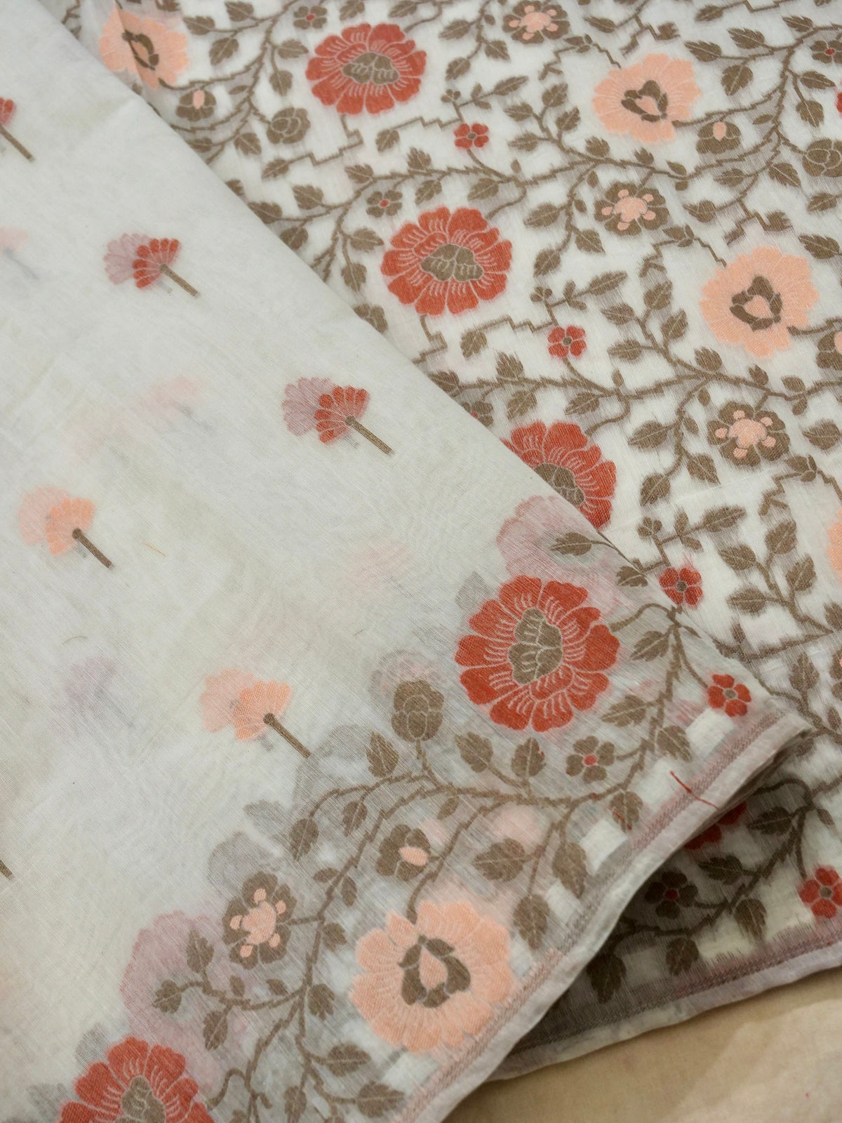 Off-White Jamdhani-Style Saree with Multicolor Woven Floral Border