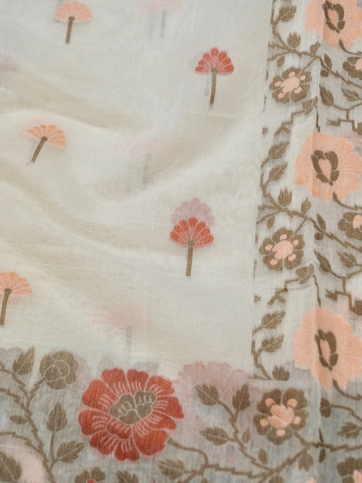 Off-White Jamdhani-Style Saree with Multicolor Woven Floral Border