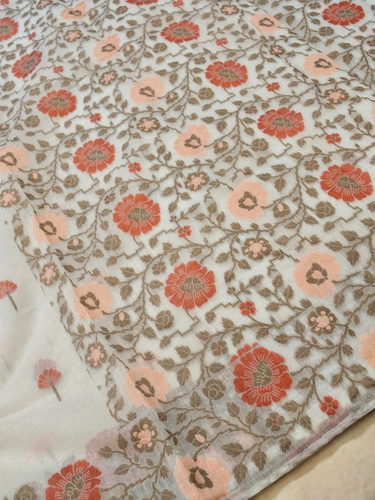 Off-White Jamdhani-Style Saree with Multicolor Woven Floral Border