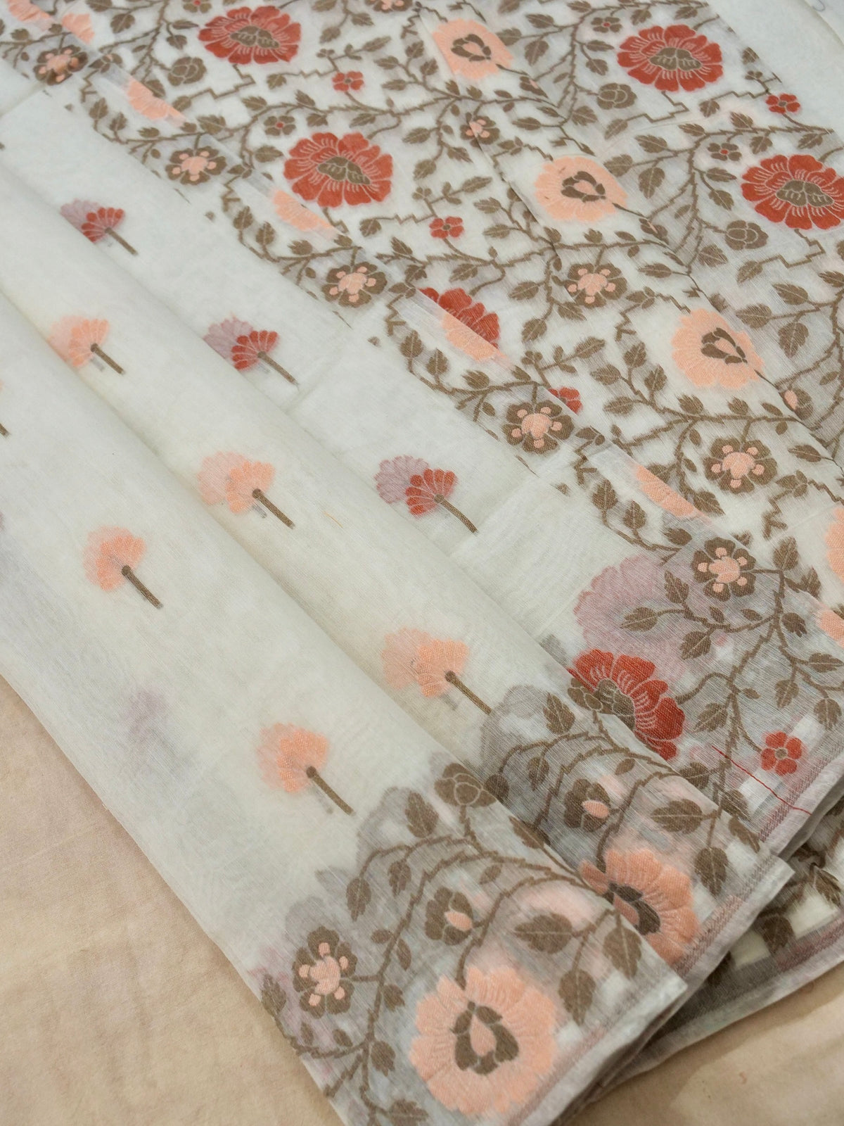 Off-White Jamdhani-Style Saree with Multicolor Woven Floral Border