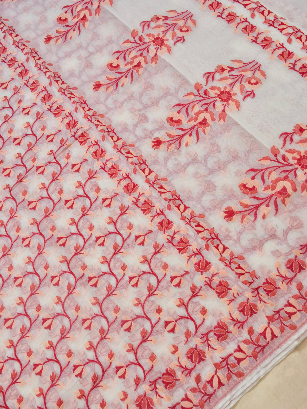 Ivory Jamdhani Style Saree with Peach & Red Woven Motifs