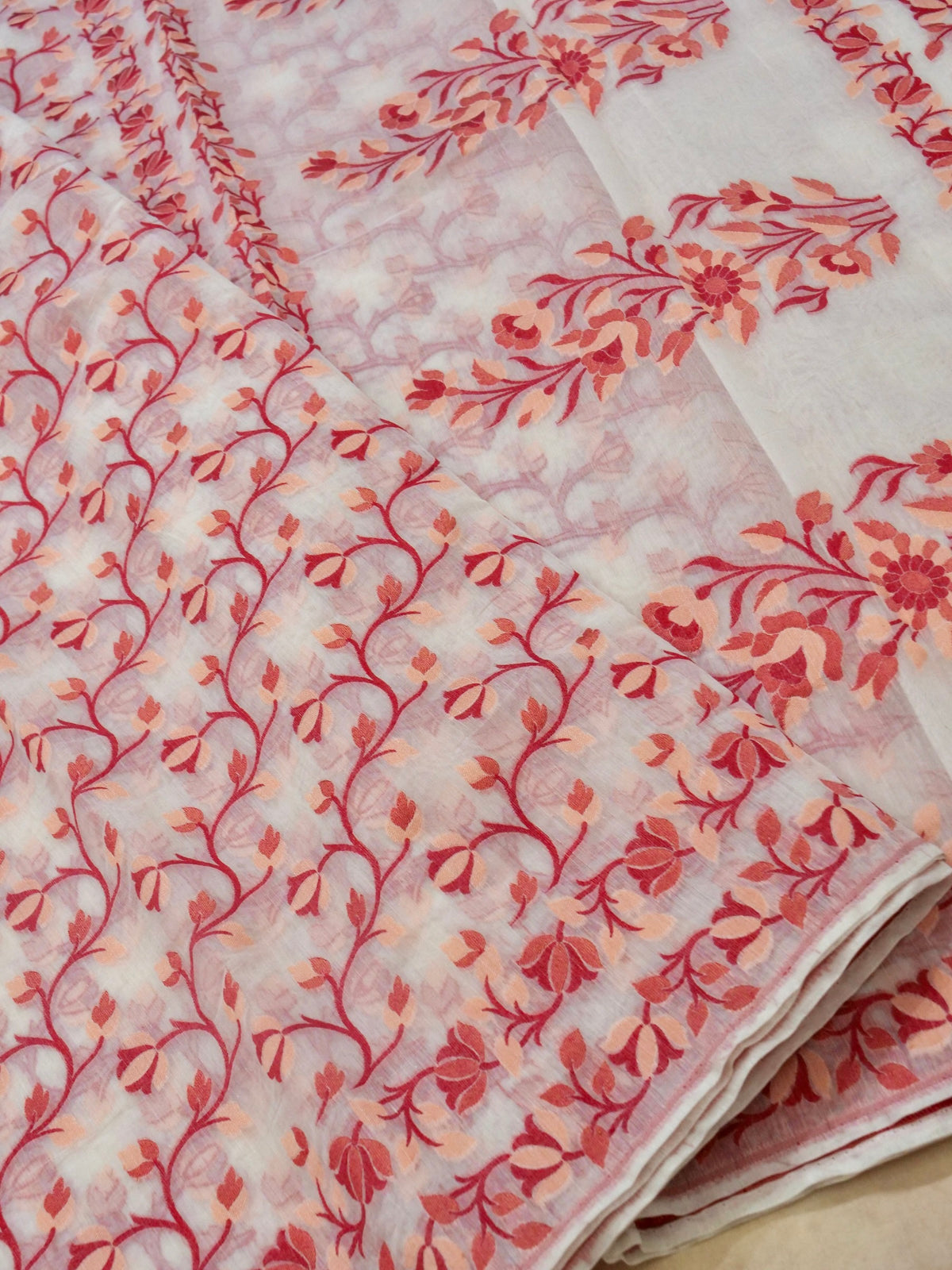 Ivory Jamdhani Style Saree with Peach & Red Woven Motifs