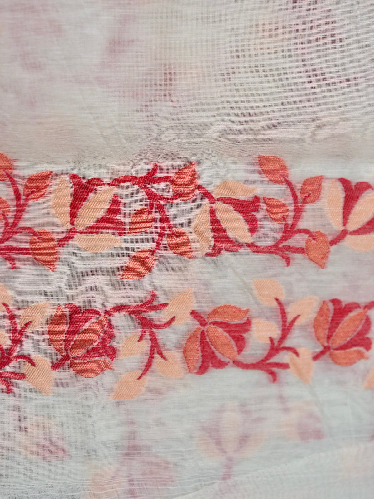 Ivory Jamdhani Style Saree with Peach & Red Woven Motifs