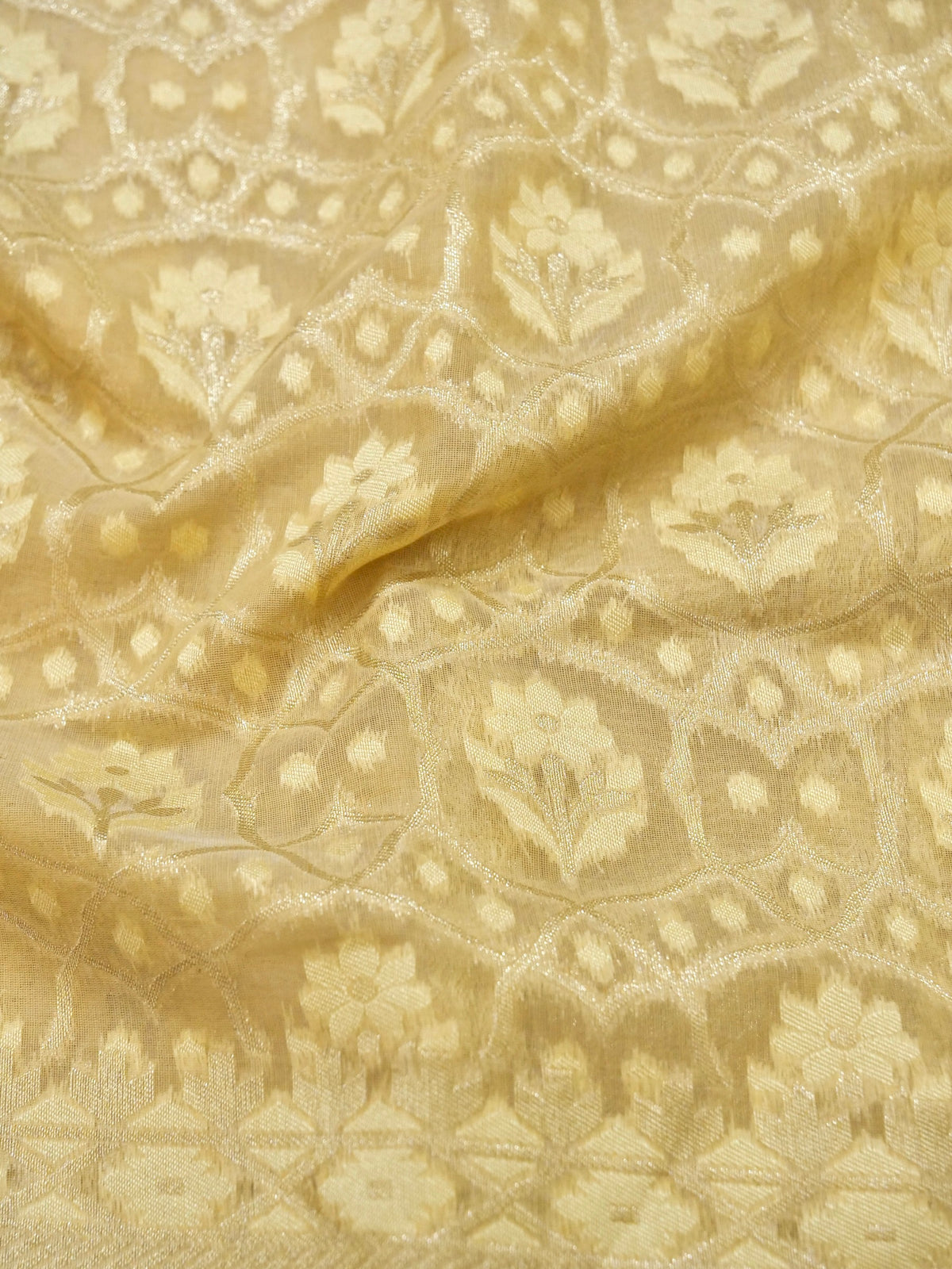 Golden Beige Jamdhani-Style Saree with Intricate Floral Motifs