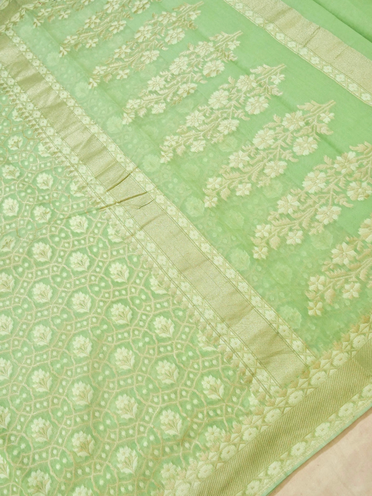 Mint Green Jamdhani-Style Saree with Intricate Floral Motifs