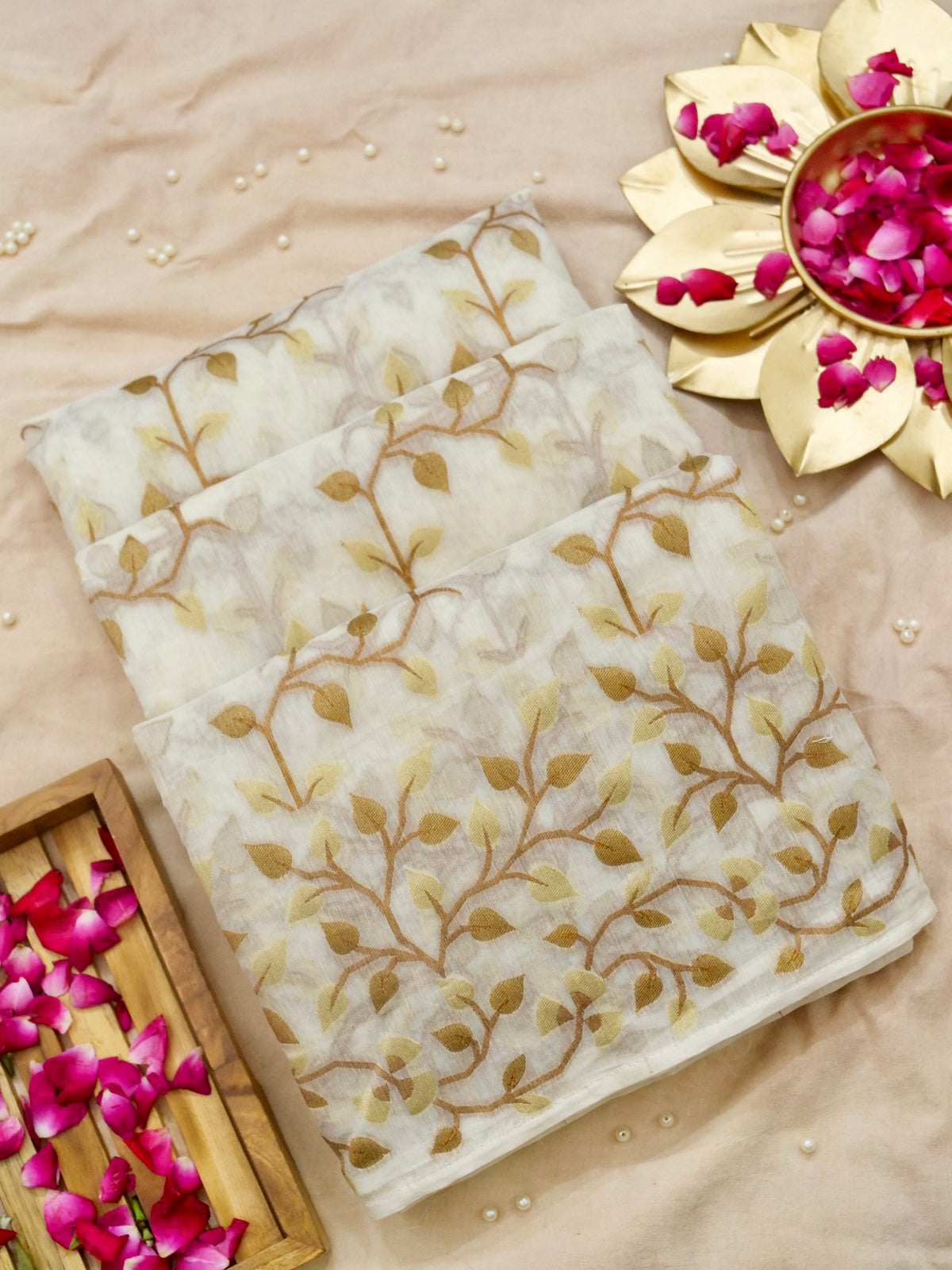 Ivory Jamdhani Style Saree with Mustard Gold Geometric Floral Pattern