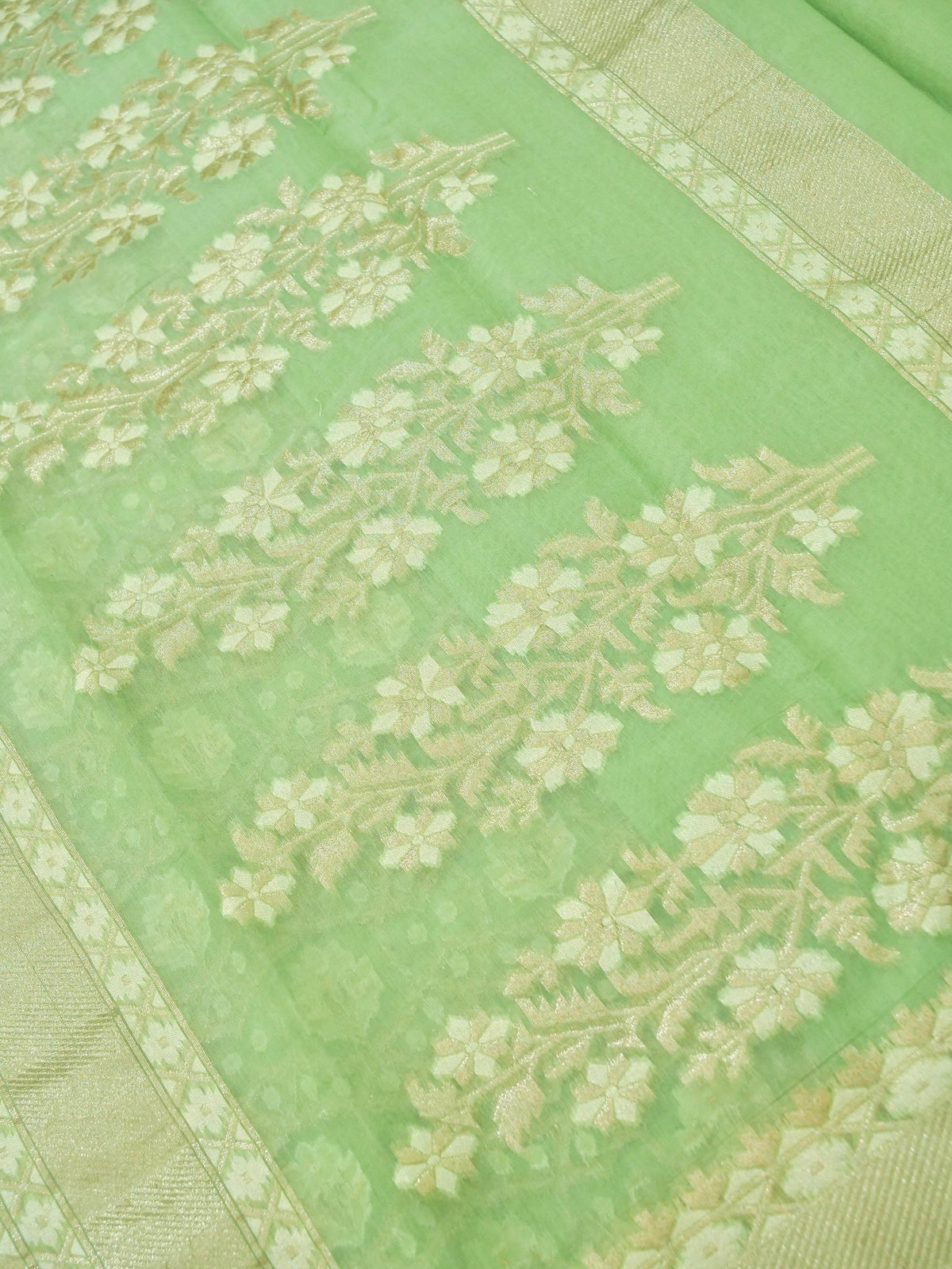 Mint Green Jamdhani-Style Saree with Intricate Floral Motifs