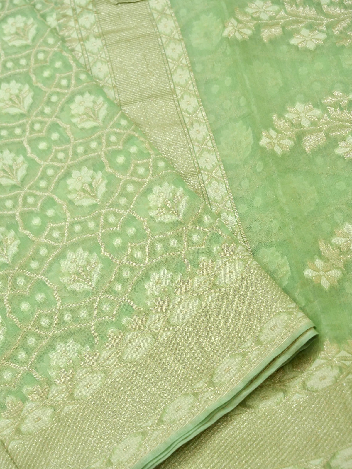 Mint Green Jamdhani-Style Saree with Intricate Floral Motifs