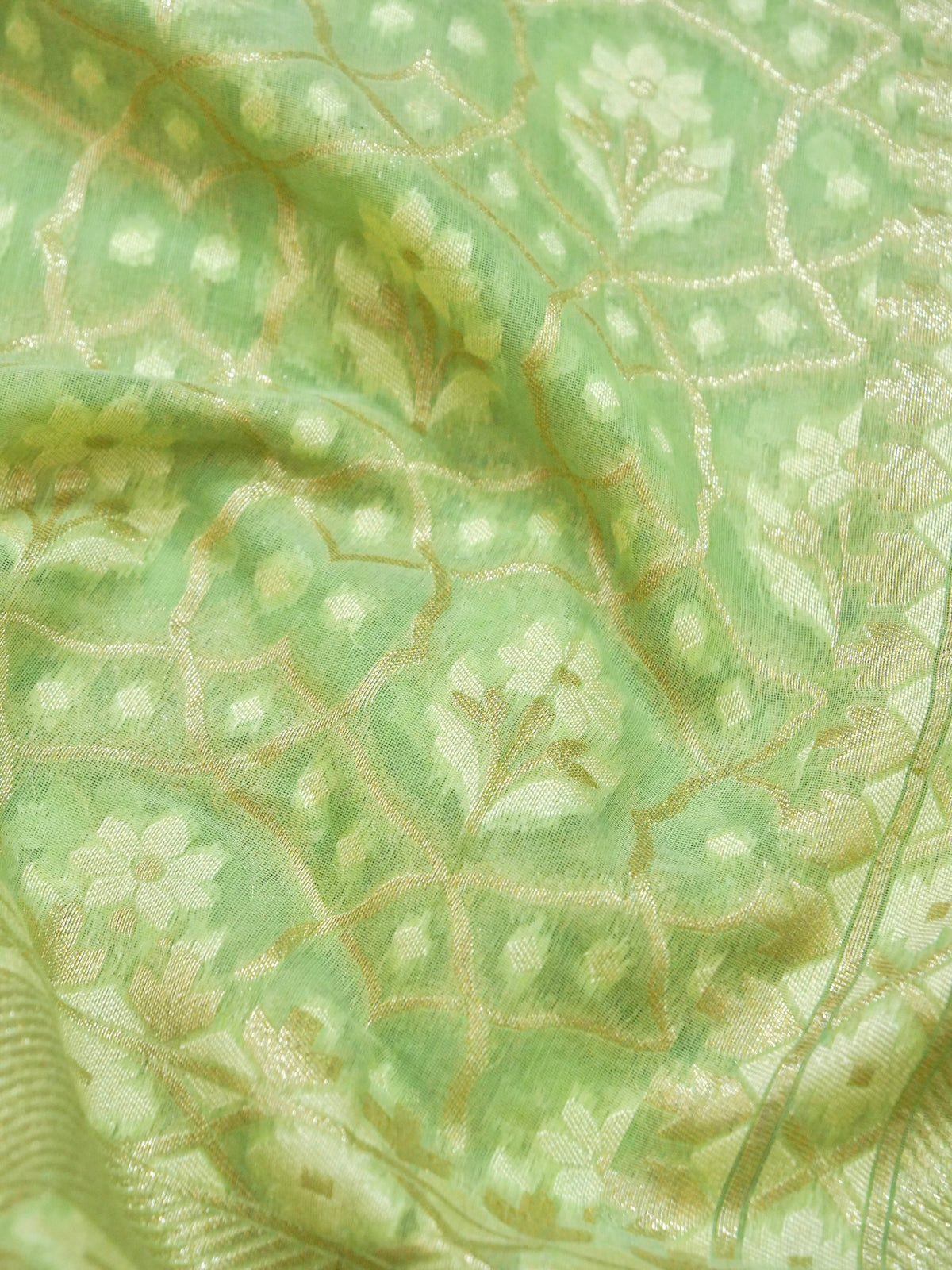 Mint Green Jamdhani-Style Saree with Intricate Floral Motifs