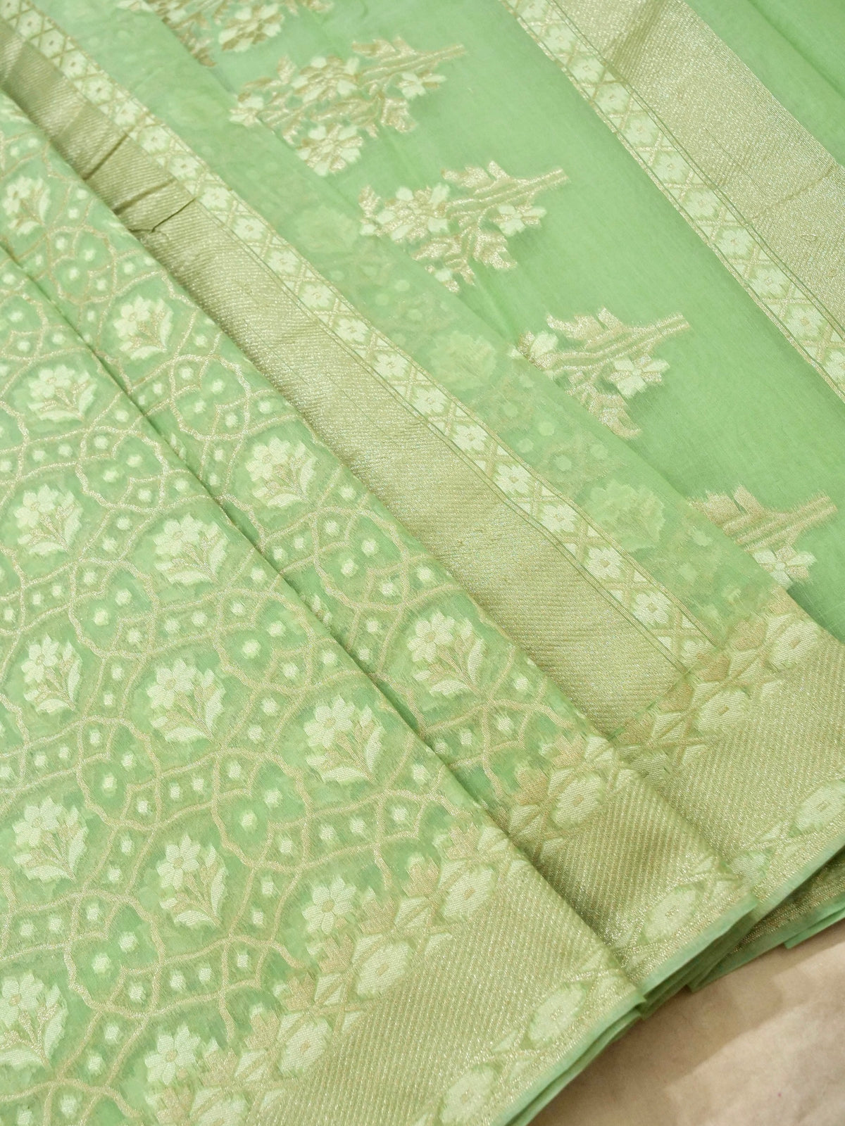 Mint Green Jamdhani-Style Saree with Intricate Floral Motifs