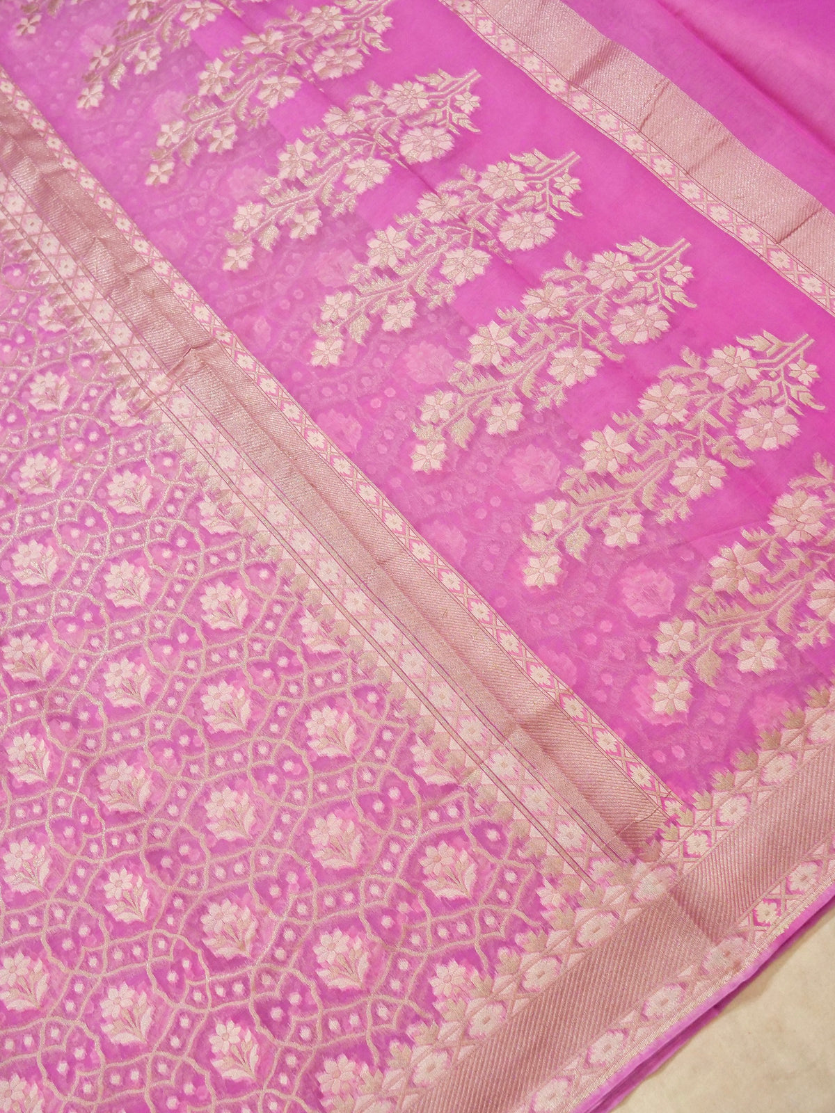 Baby Pink Jamdhani-Style Saree with Intricate Floral Motifs