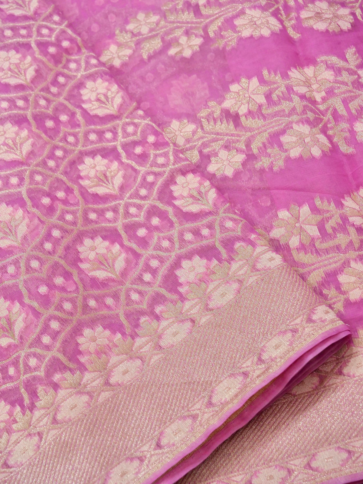 Baby Pink Jamdhani-Style Saree with Intricate Floral Motifs