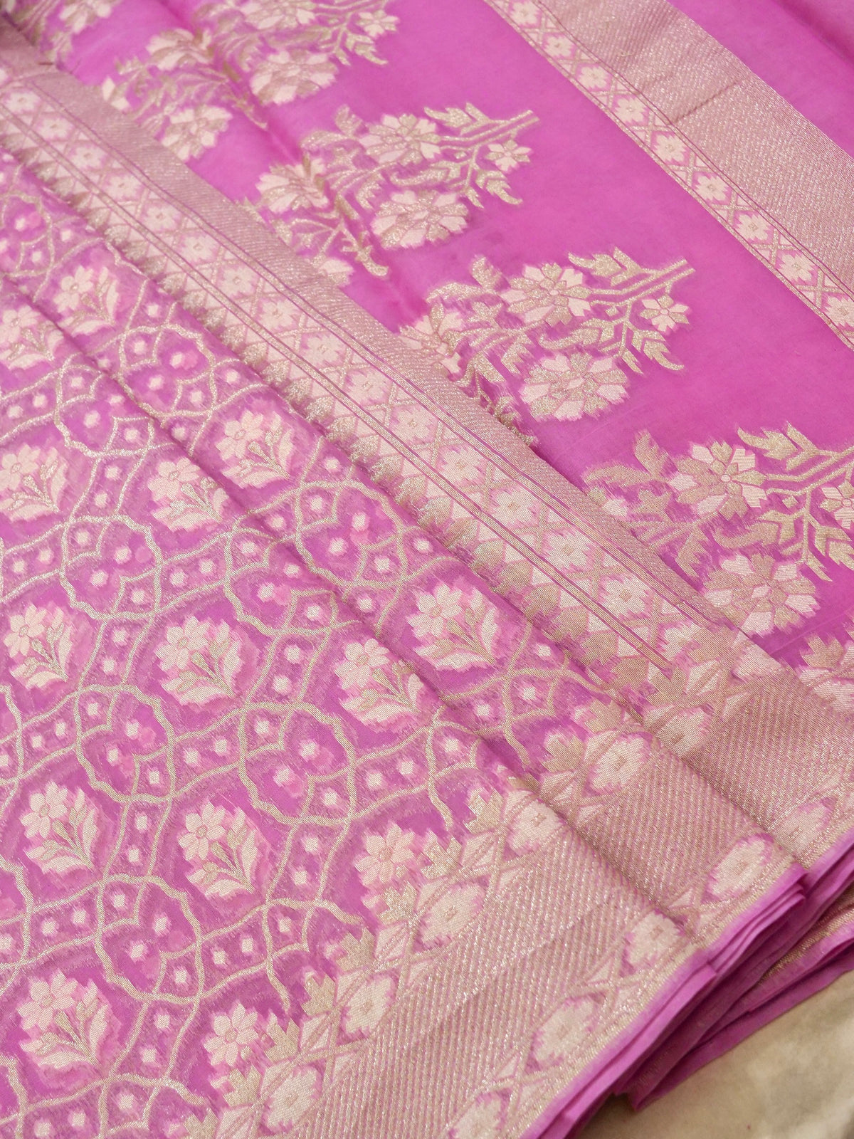 Baby Pink Jamdhani-Style Saree with Intricate Floral Motifs