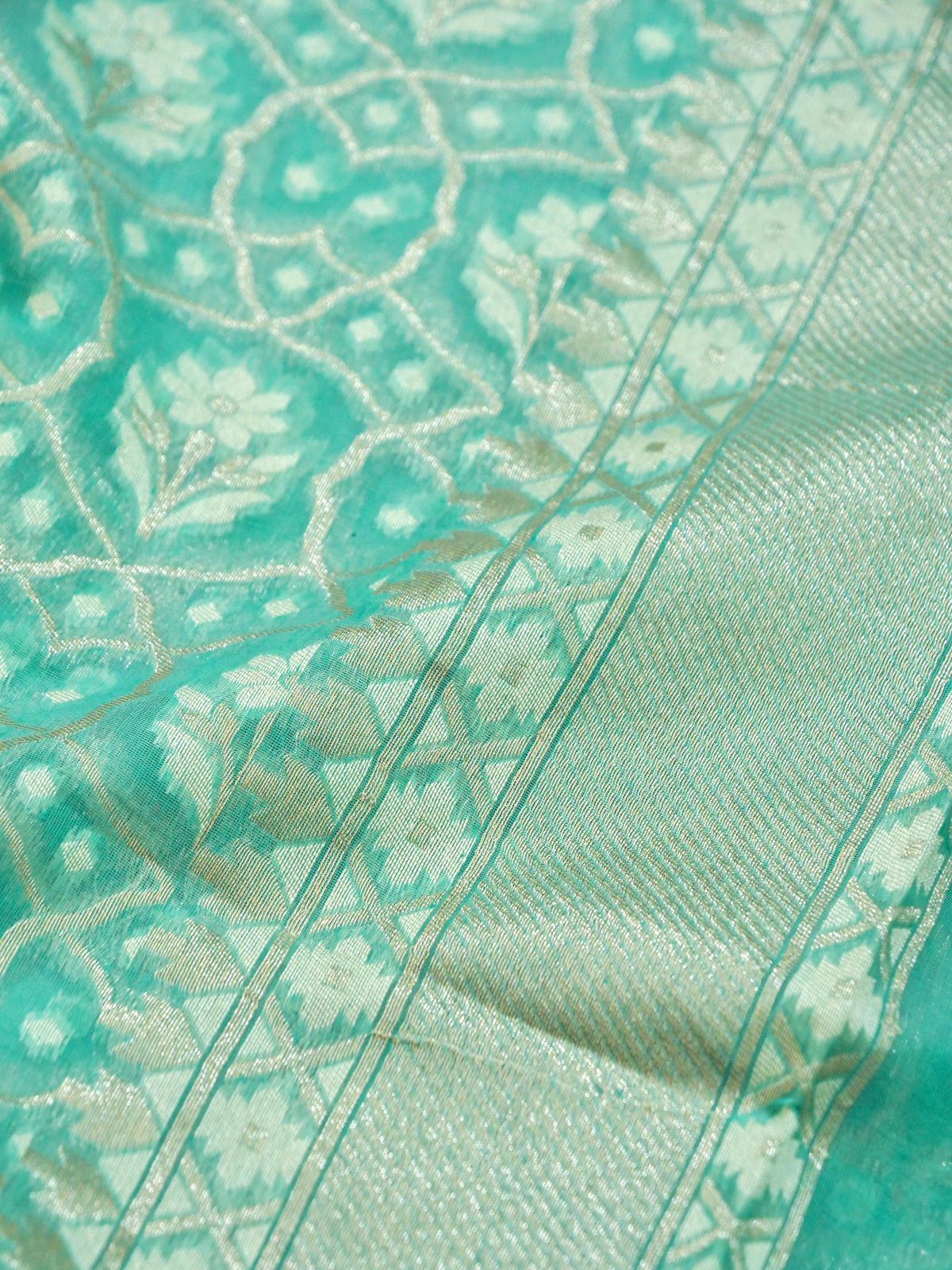 Aqua Blue Jamdhani-Style Saree with Intricate Floral Motifs